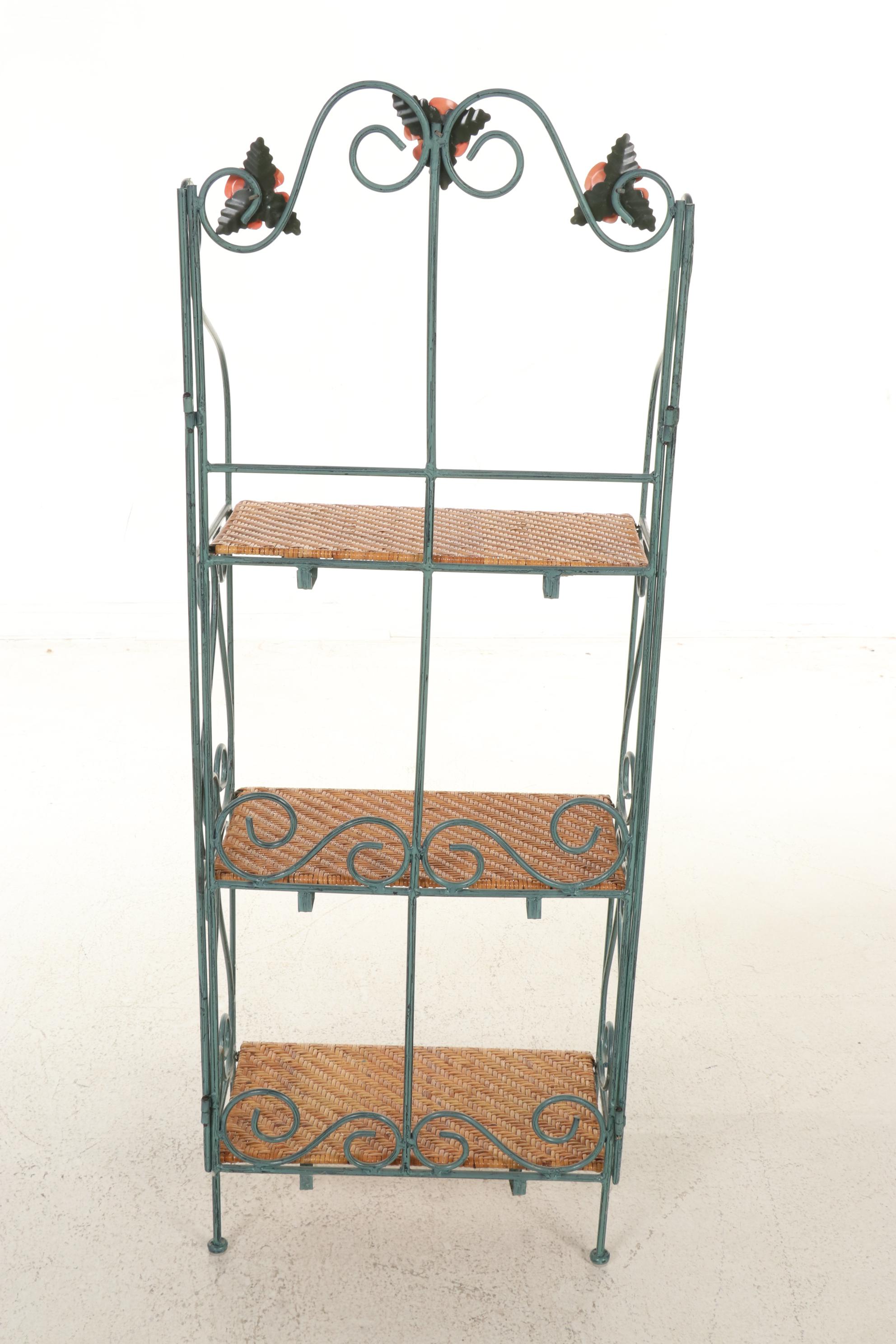 Folding Metal Baker's Rack with Woven Cane Shelves, 21st Century
