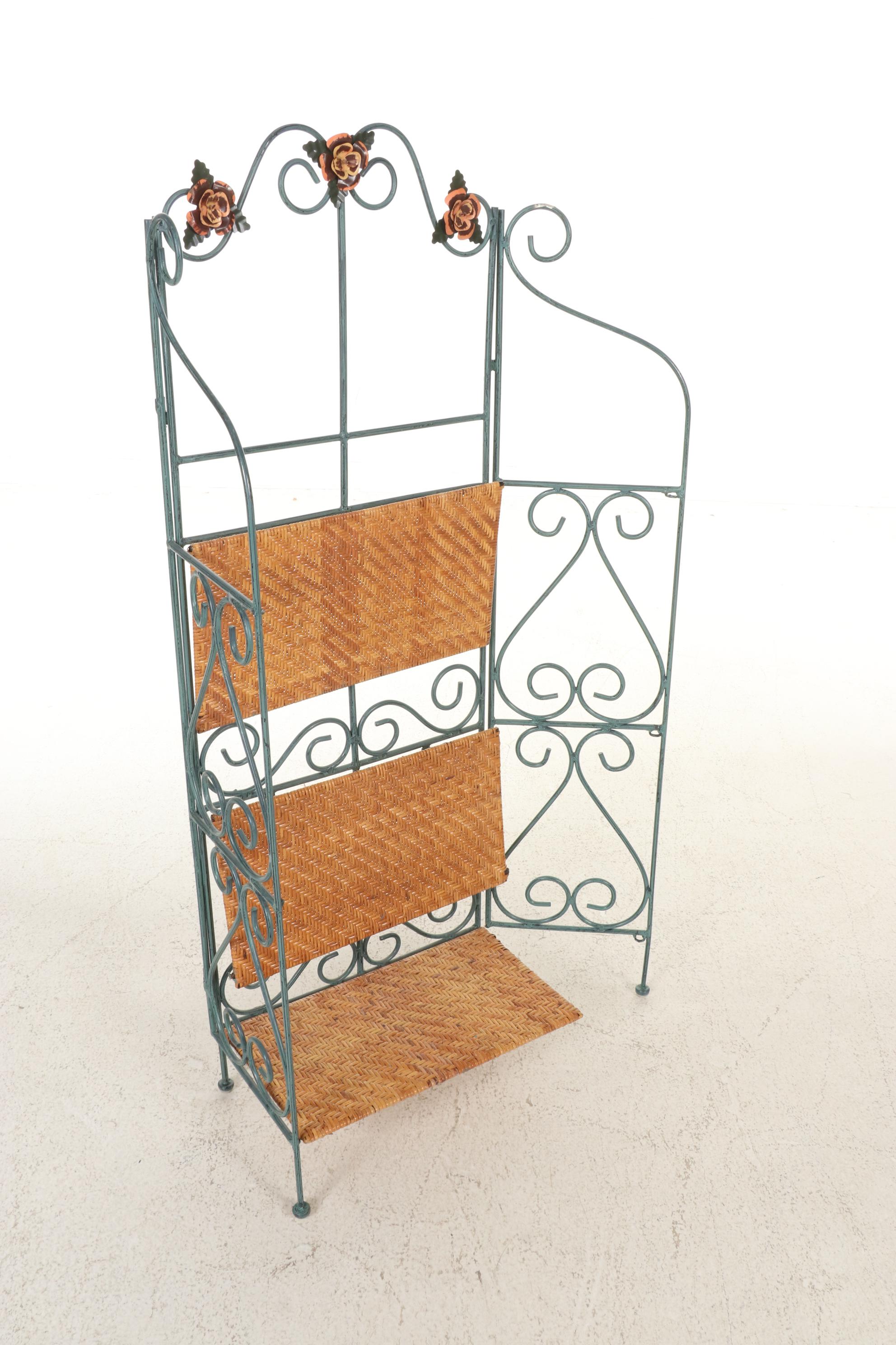 Folding Metal Baker's Rack with Woven Cane Shelves, 21st Century