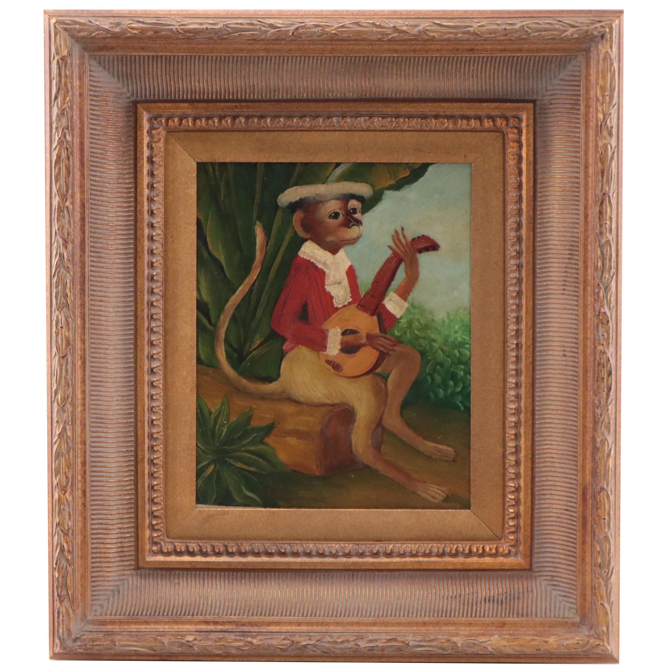 Oil Painting of an Anthropomorphic Monkey Playing Mandolin