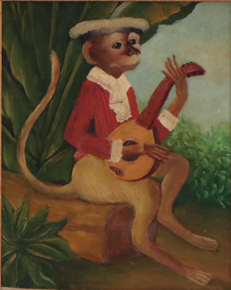 Oil Painting of an Anthropomorphic Monkey Playing Mandolin