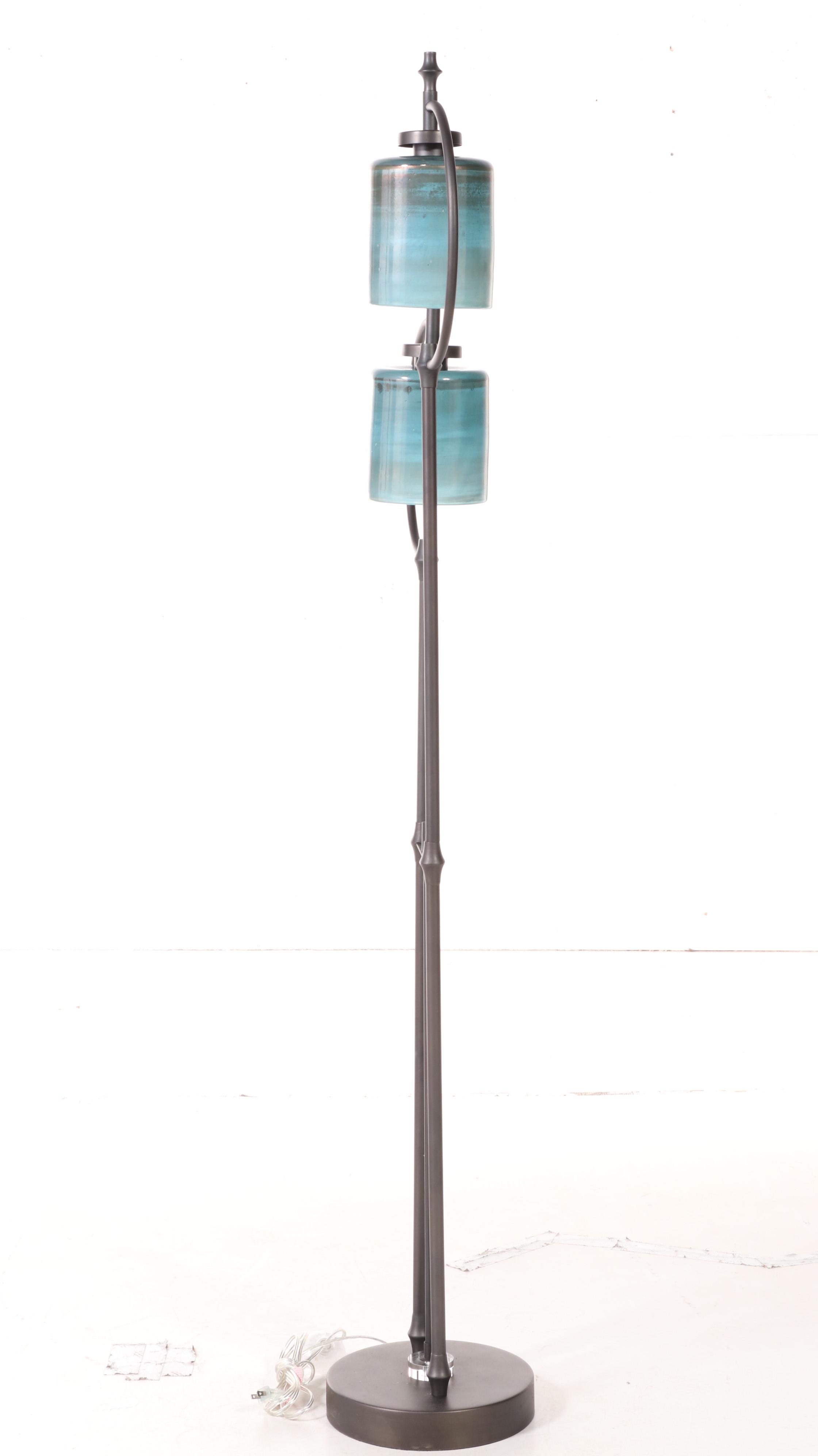 Modernist Style Patinated Metal, Acrylic and Glass Two-Light Floor Lamp