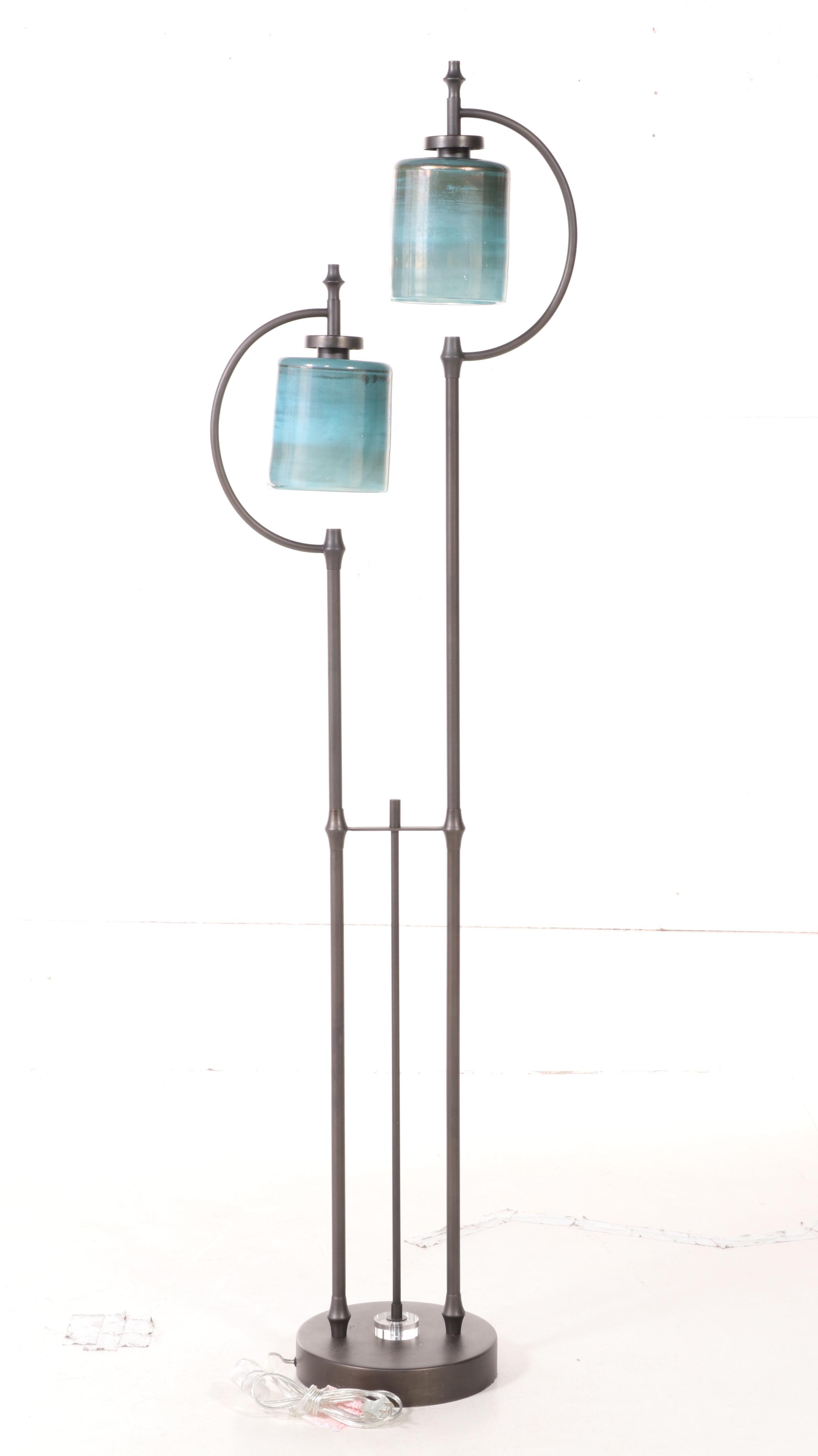 Modernist Style Patinated Metal, Acrylic and Glass Two-Light Floor Lamp