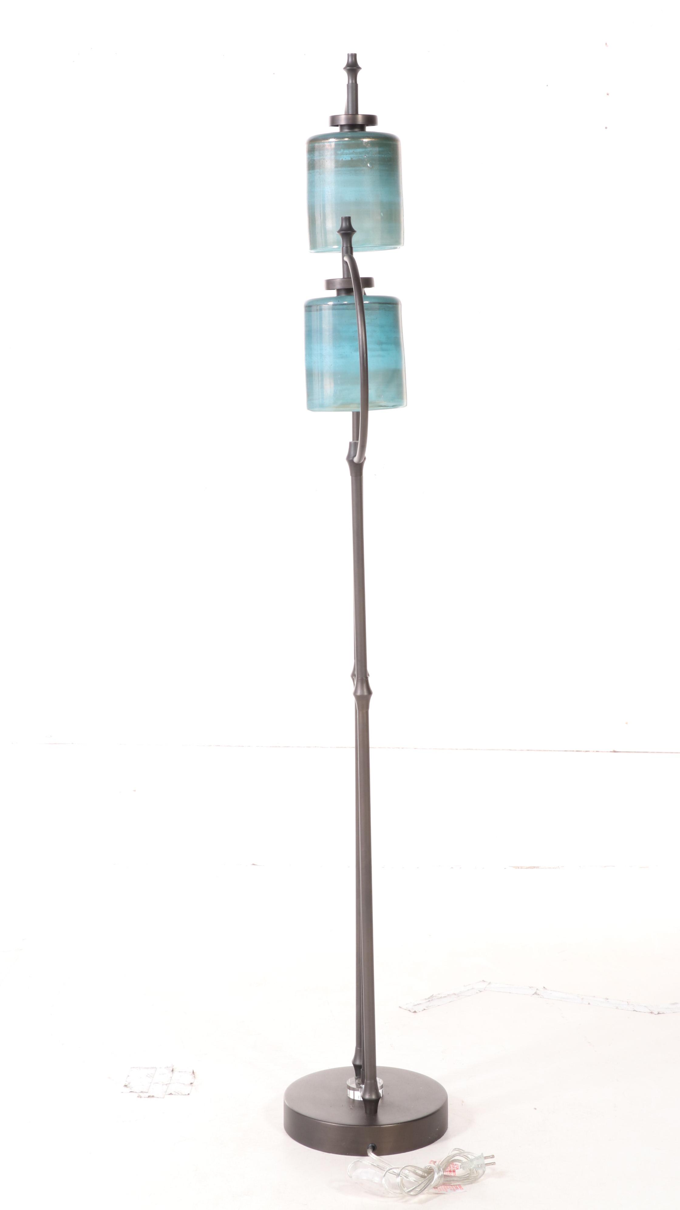 Modernist Style Patinated Metal, Acrylic and Glass Two-Light Floor Lamp