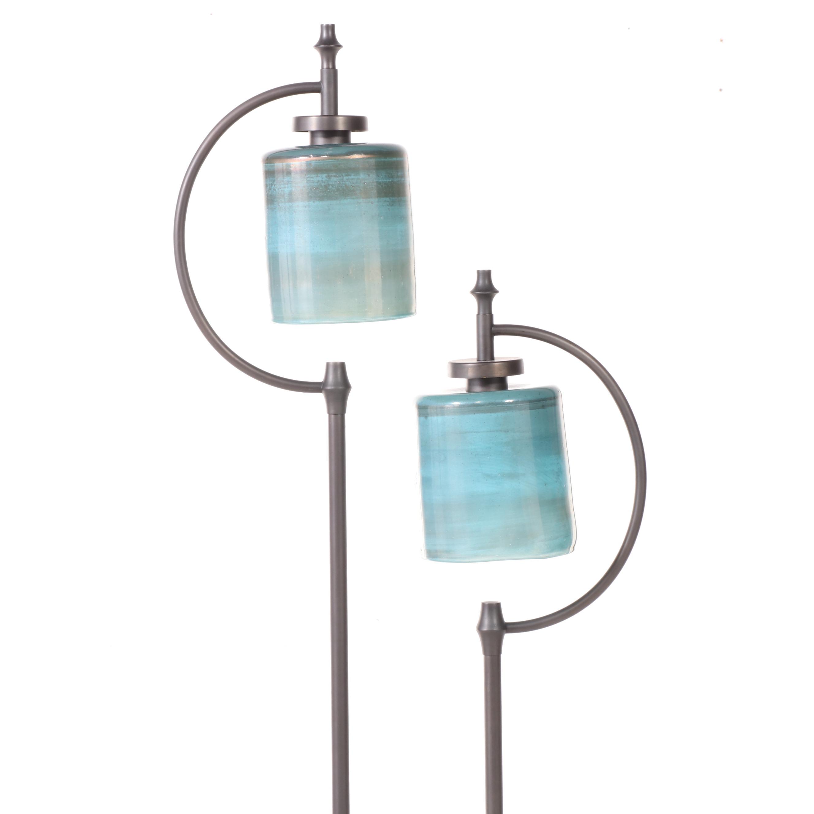 Modernist Style Patinated Metal, Acrylic and Glass Two-Light Floor Lamp
