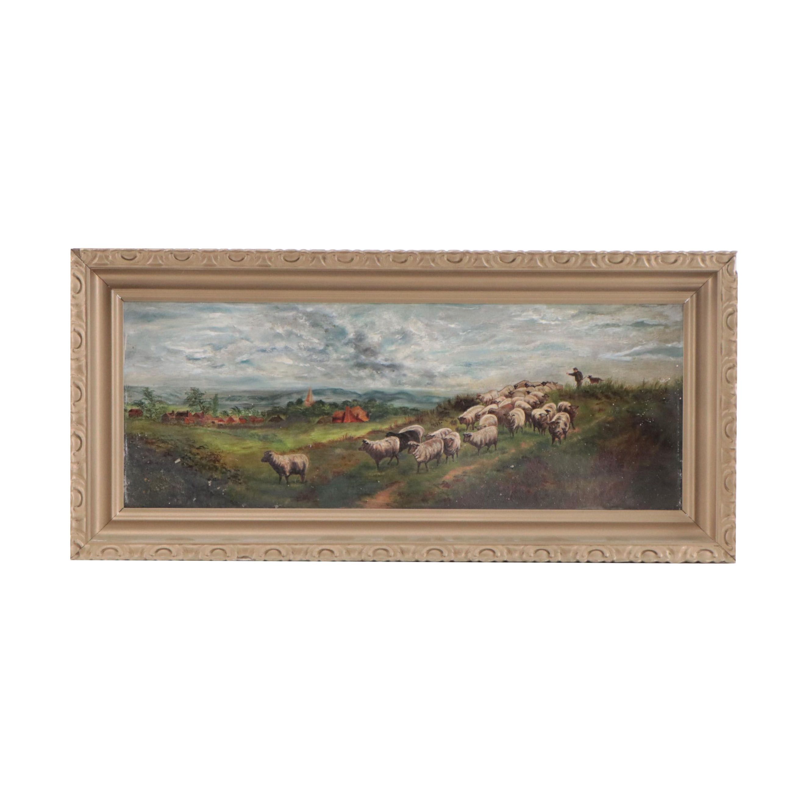 Pastoral Landscape Oil Painting of Shepherd Herding Sheep, Circa 1890