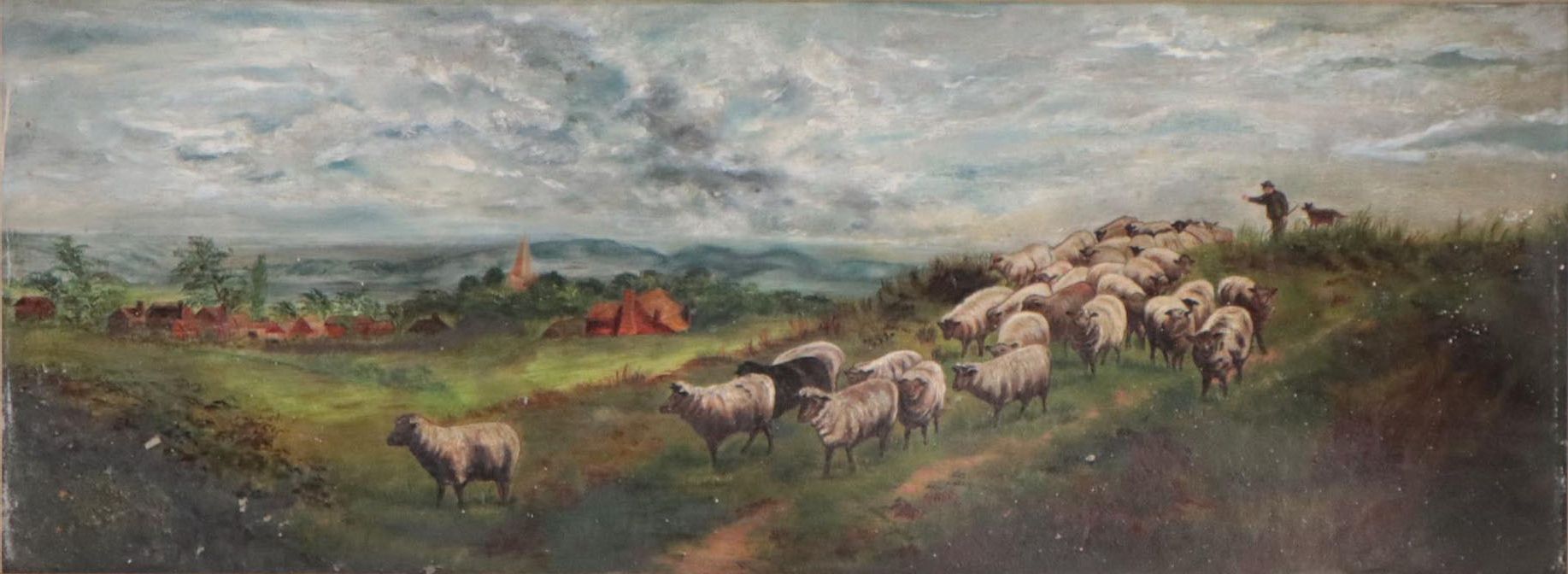 Pastoral Landscape Oil Painting of Shepherd Herding Sheep, Circa 1890
