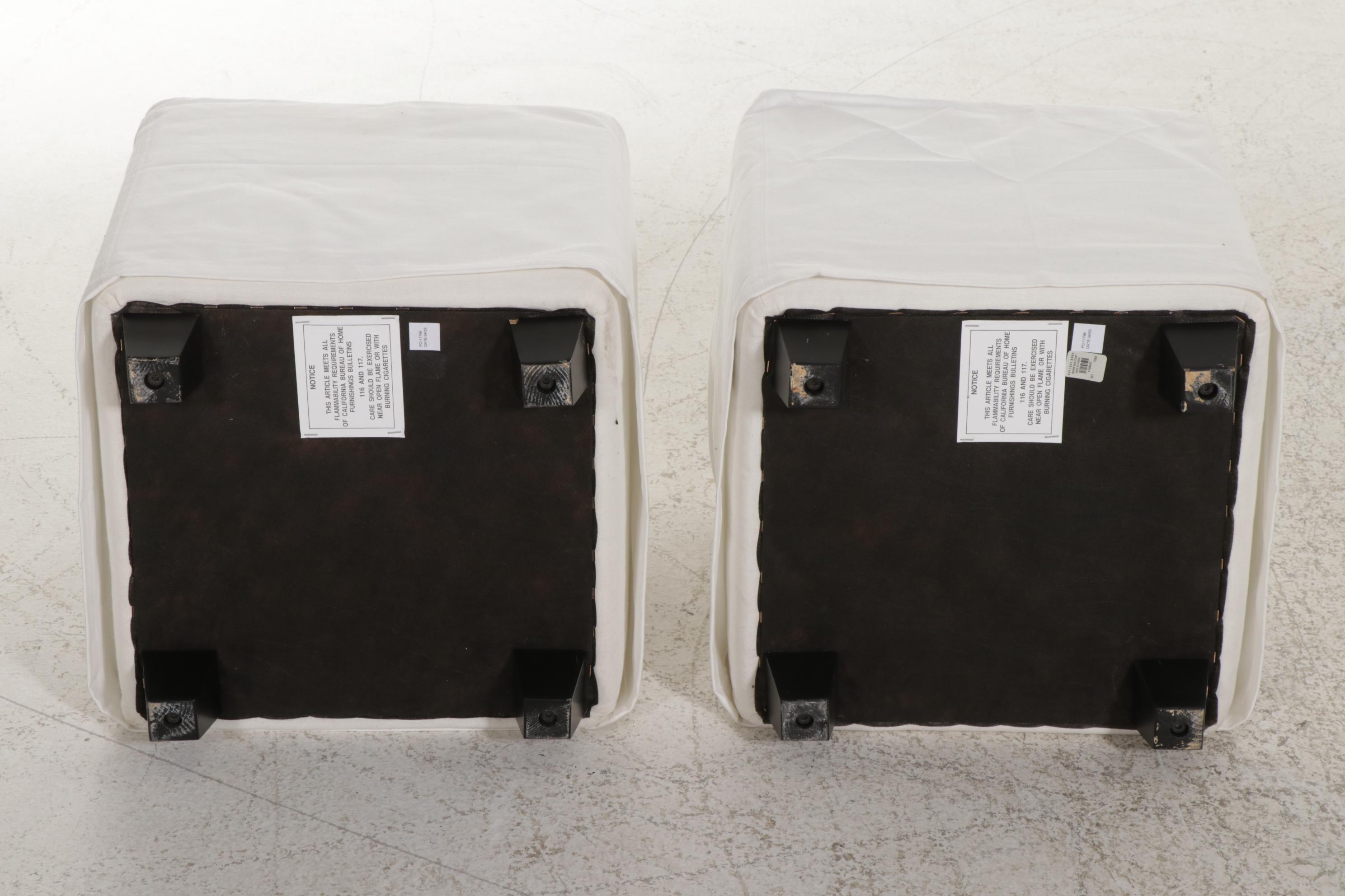 Wicker Loveseat, Armchairs and Rocker with Pottery Barn Footstools, 21st Century