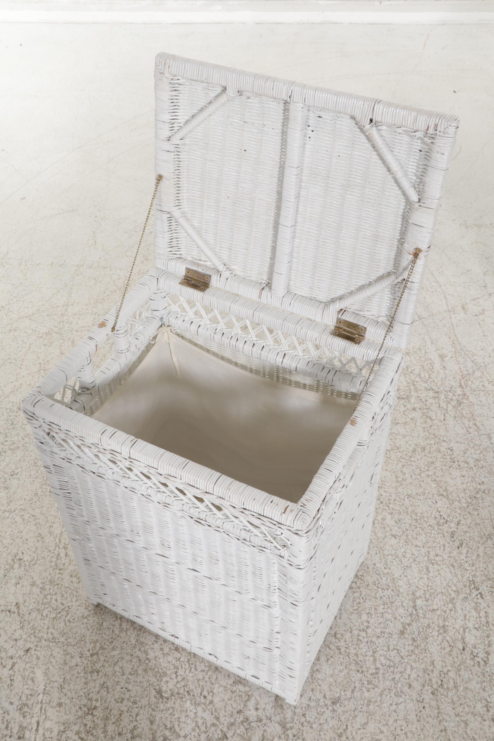 Wicker Loveseat, Armchairs and Rocker with Pottery Barn Footstools, 21st Century