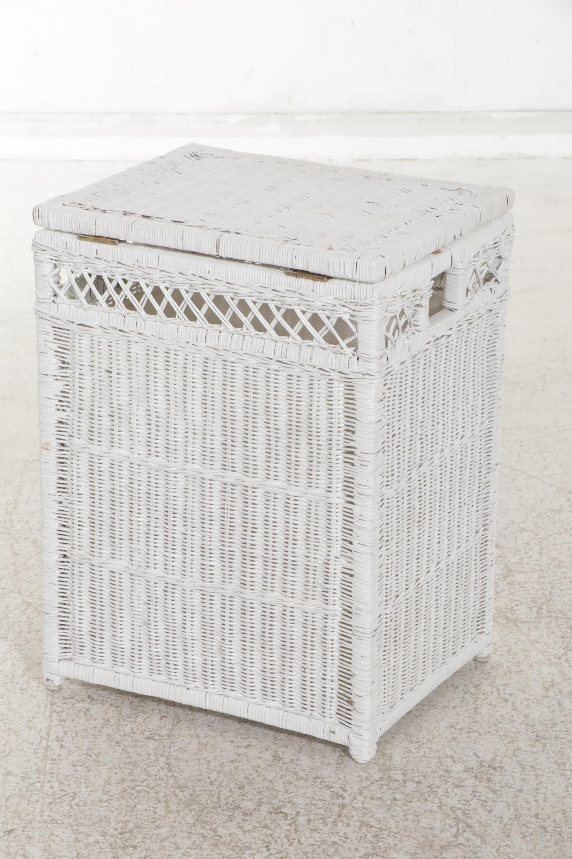 Wicker Loveseat, Armchairs and Rocker with Pottery Barn Footstools, 21st Century