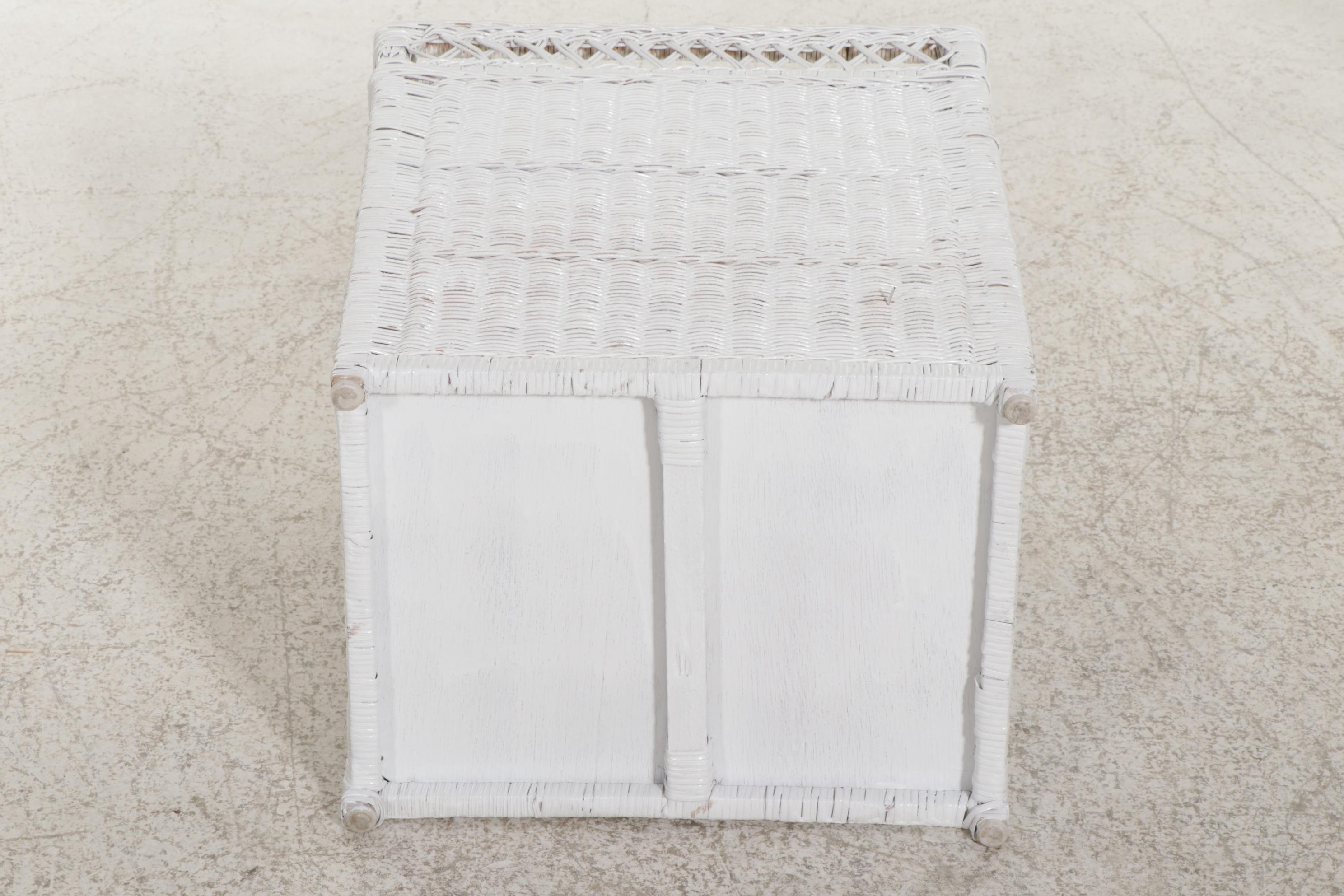 Wicker Loveseat, Armchairs and Rocker with Pottery Barn Footstools, 21st Century