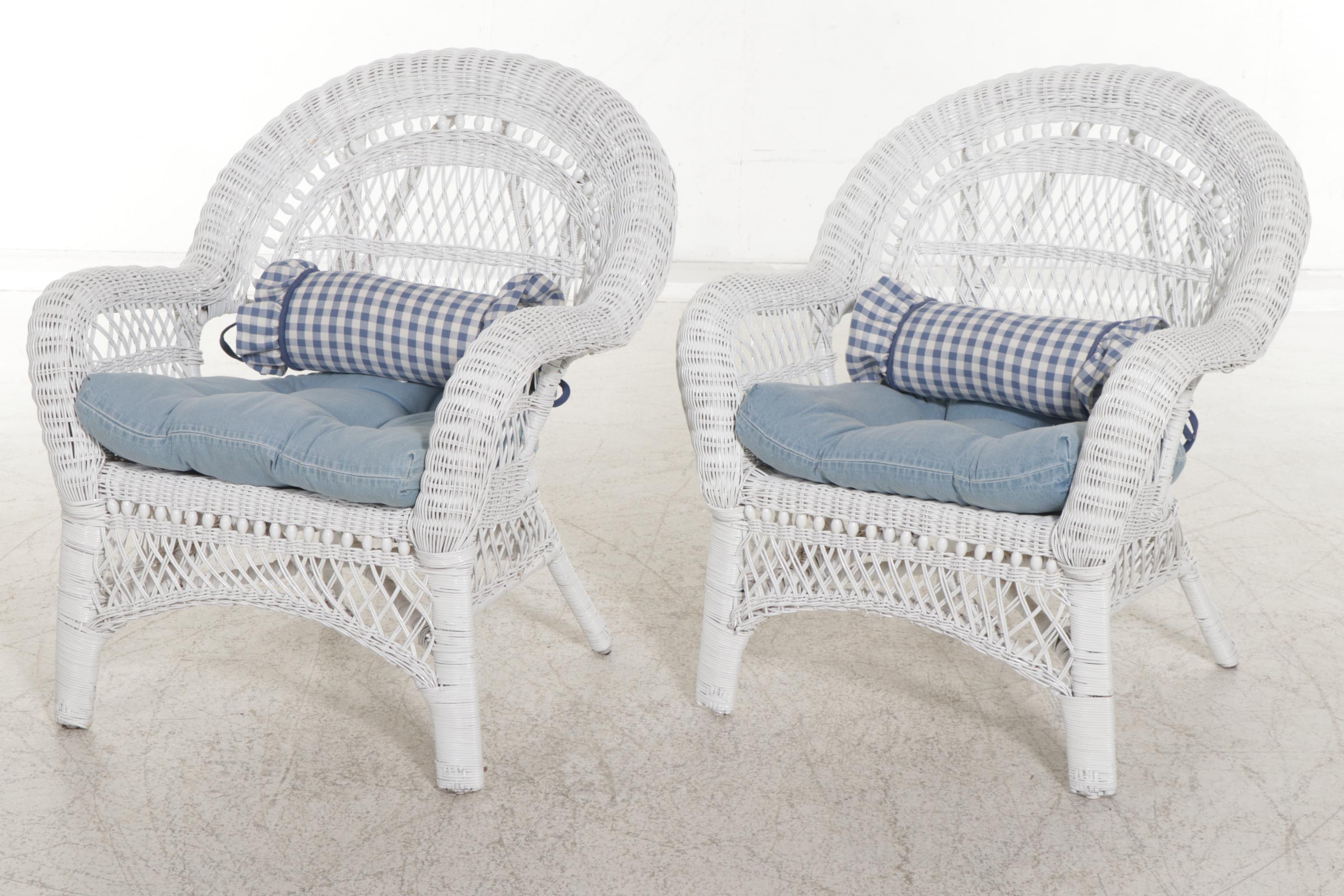 Wicker Loveseat, Armchairs and Rocker with Pottery Barn Footstools, 21st Century