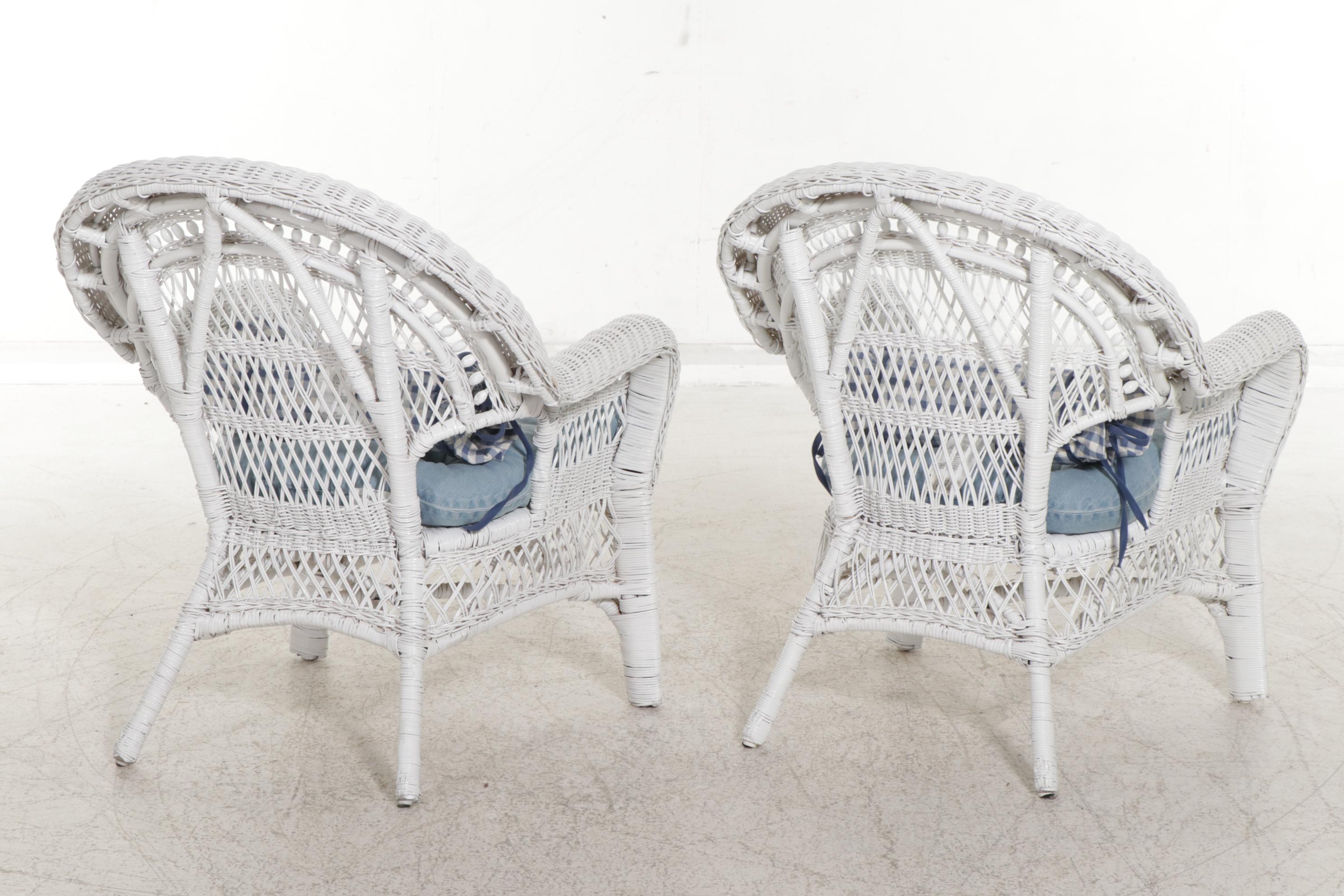 Wicker Loveseat, Armchairs and Rocker with Pottery Barn Footstools, 21st Century