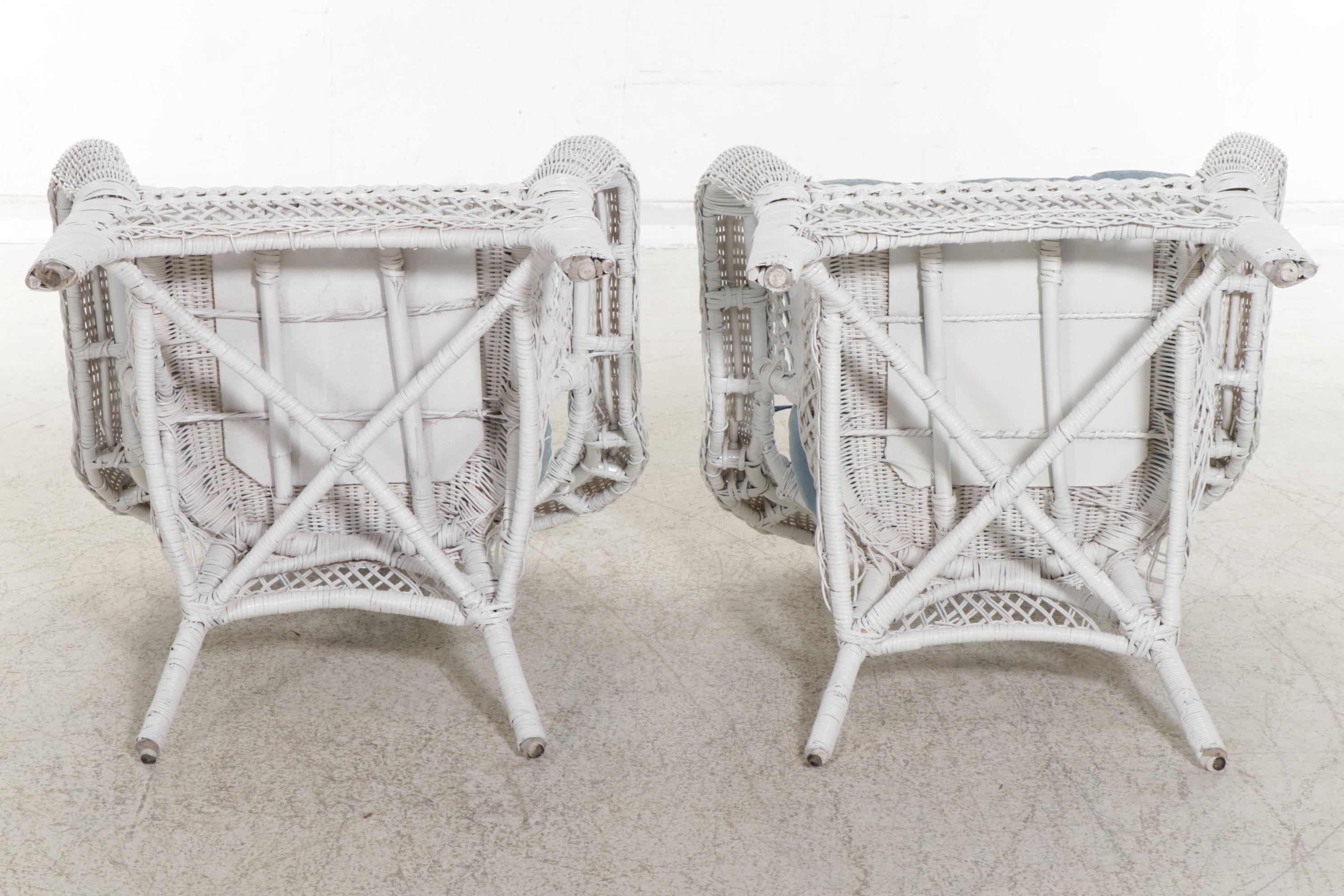 Wicker Loveseat, Armchairs and Rocker with Pottery Barn Footstools, 21st Century