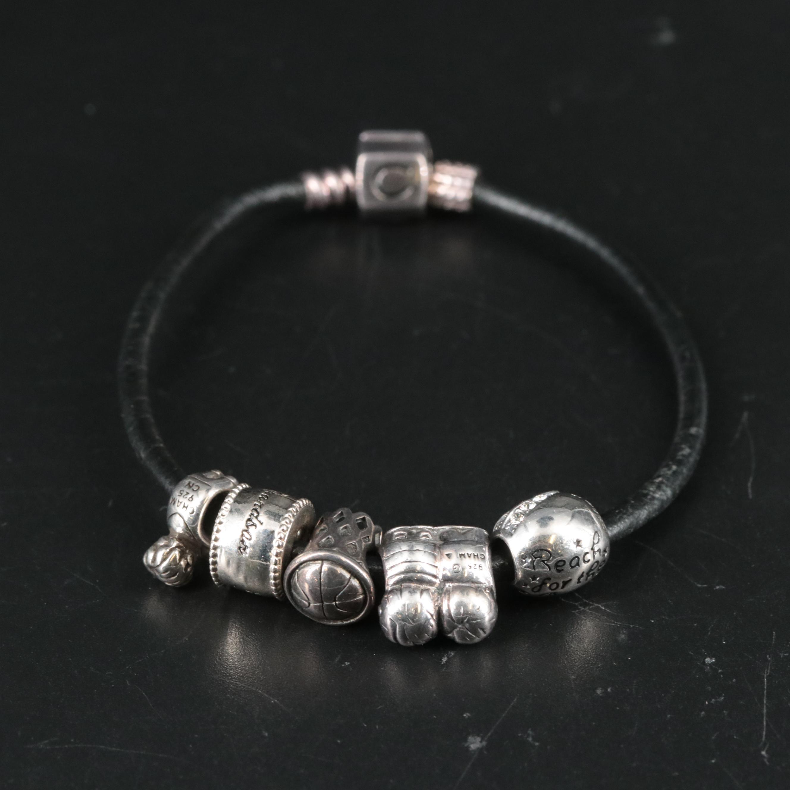 Leather Cord Bracelet Featuring Sterling "Grandson" Themed Charms
