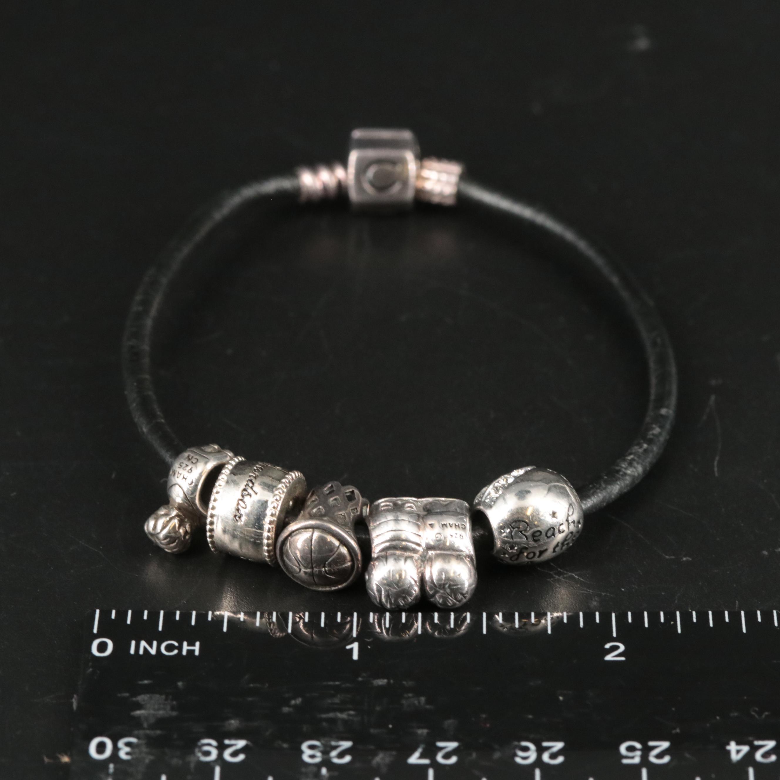 Leather Cord Bracelet Featuring Sterling "Grandson" Themed Charms