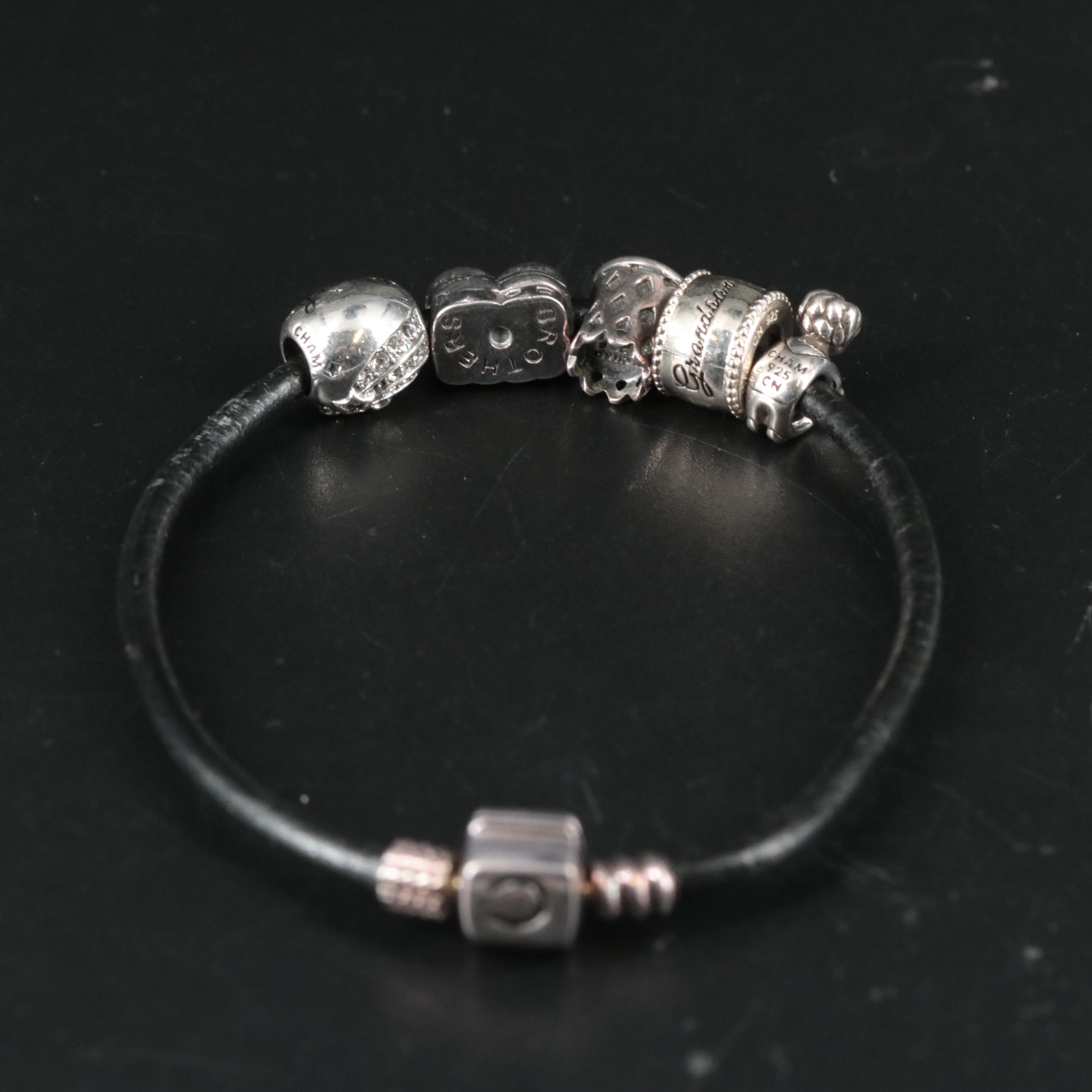 Leather Cord Bracelet Featuring Sterling "Grandson" Themed Charms