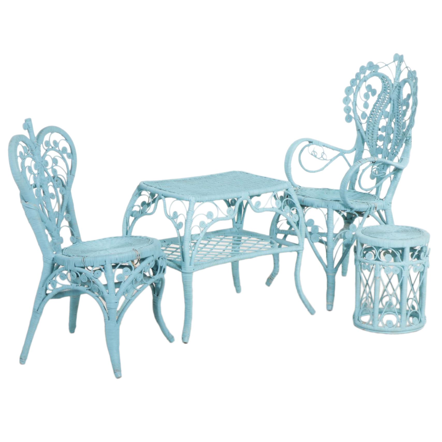 Blue-Painted Scrolled Rattan Four-Piece Patio Set, 20th Century