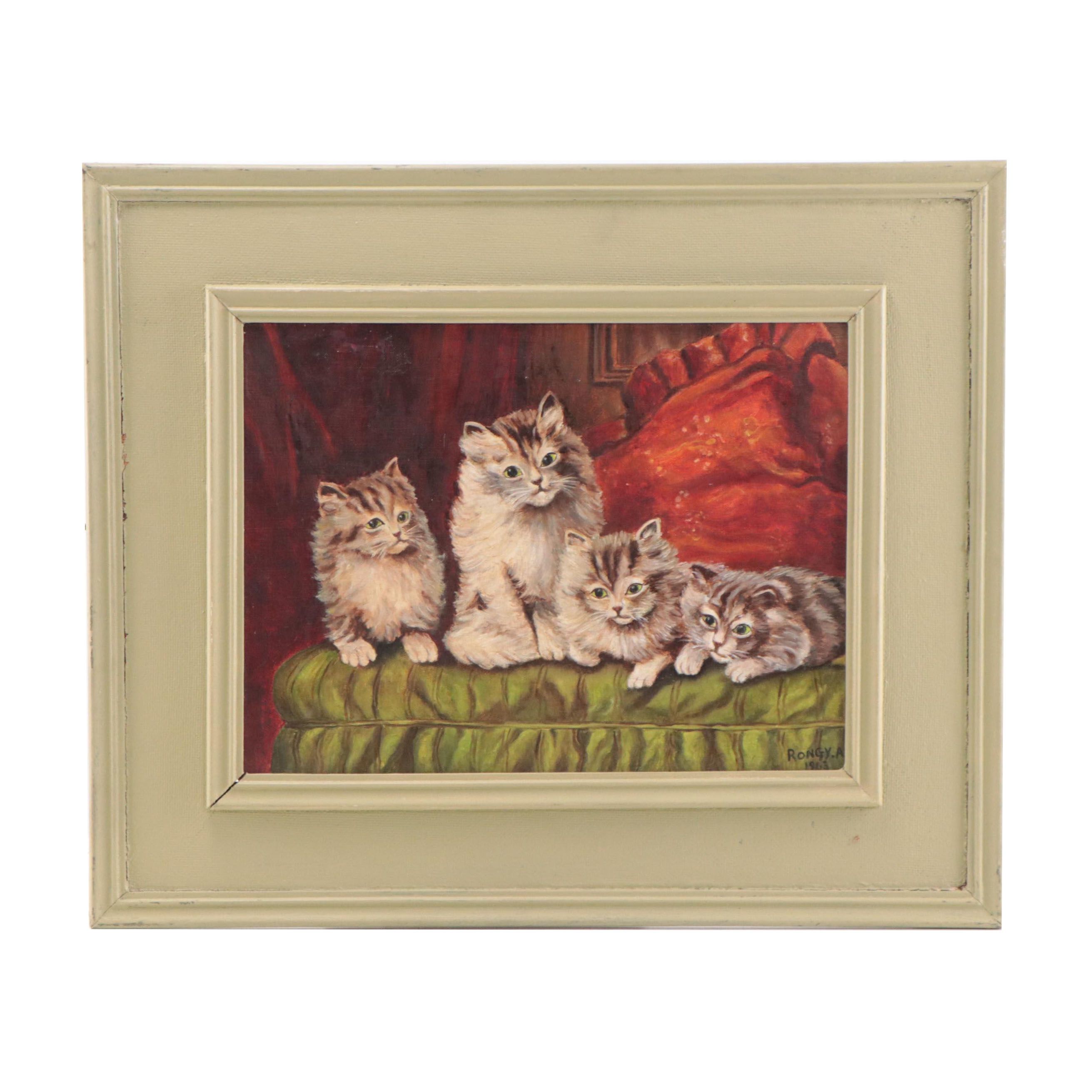 Oil Painting of Kittens on a Couch, 1963