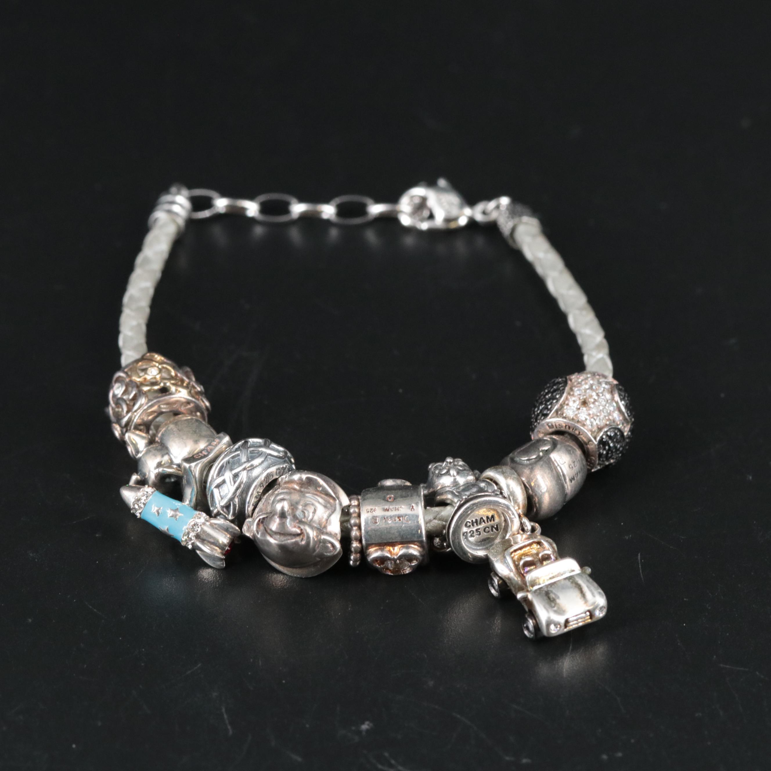 Leather Braided Bracelet Featuring Sterling Disney Themed Charms