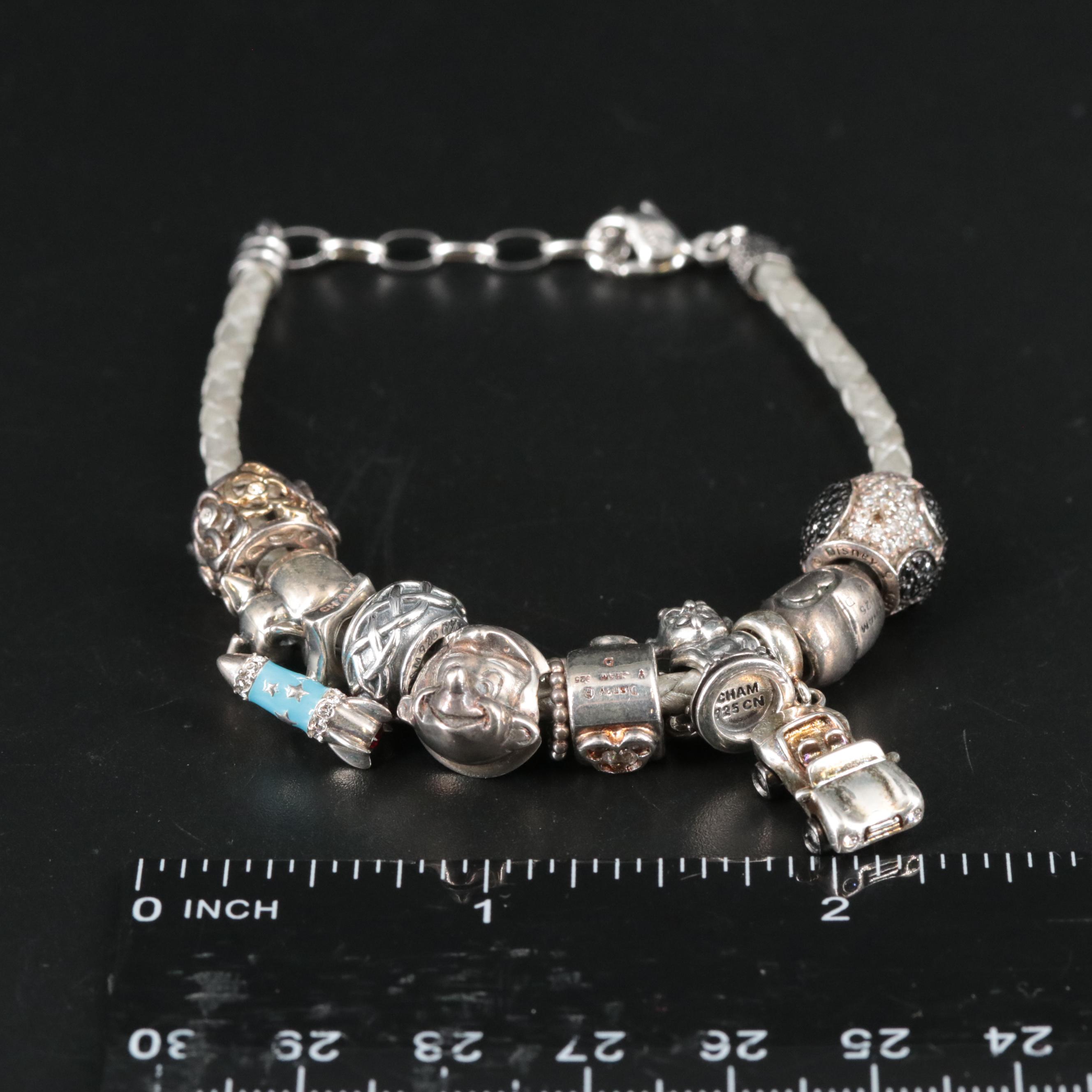 Leather Braided Bracelet Featuring Sterling Disney Themed Charms