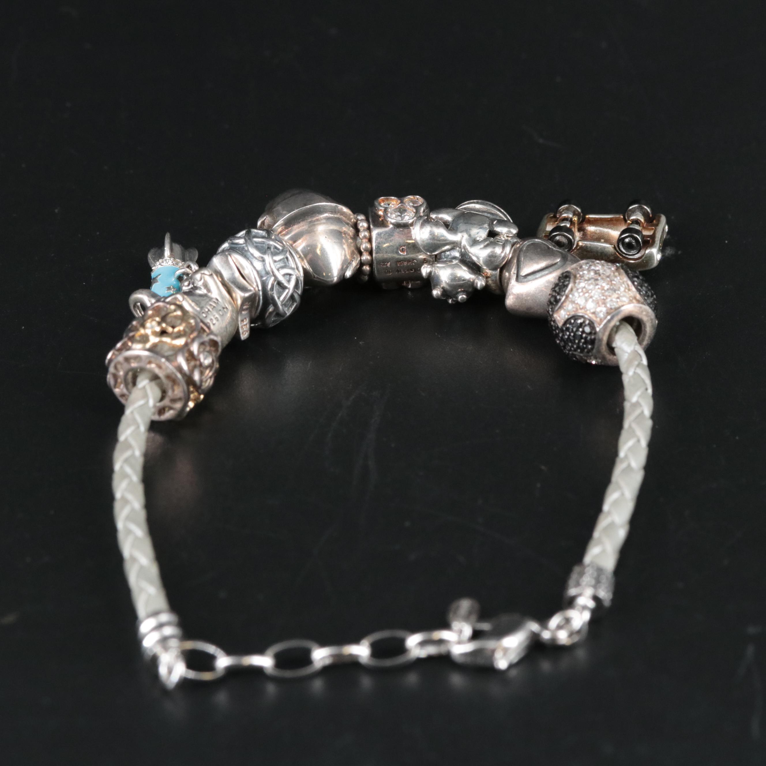 Leather Braided Bracelet Featuring Sterling Disney Themed Charms