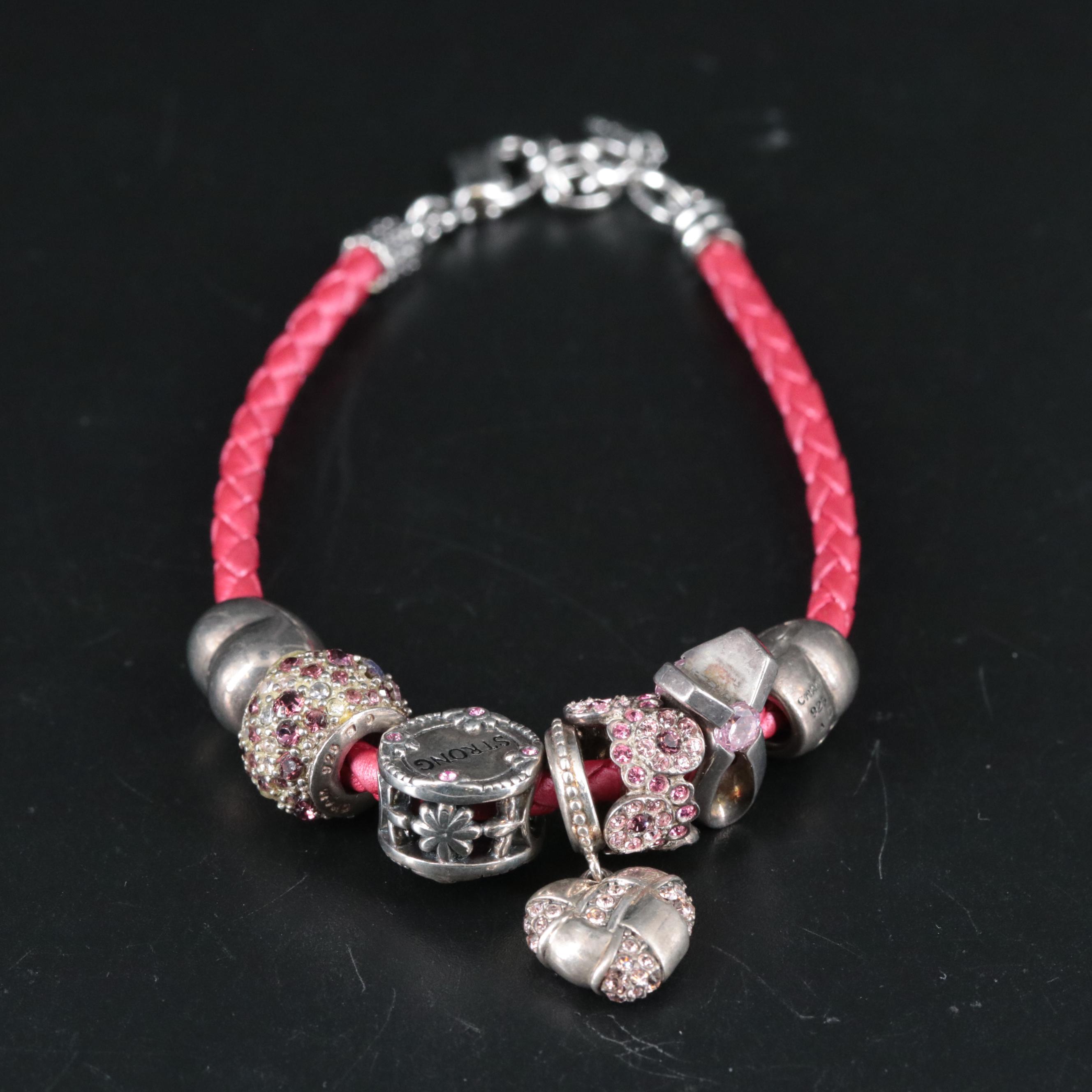 Leather Braided Bracelet Featuring Sterling Breast Cancer Awareness Charms