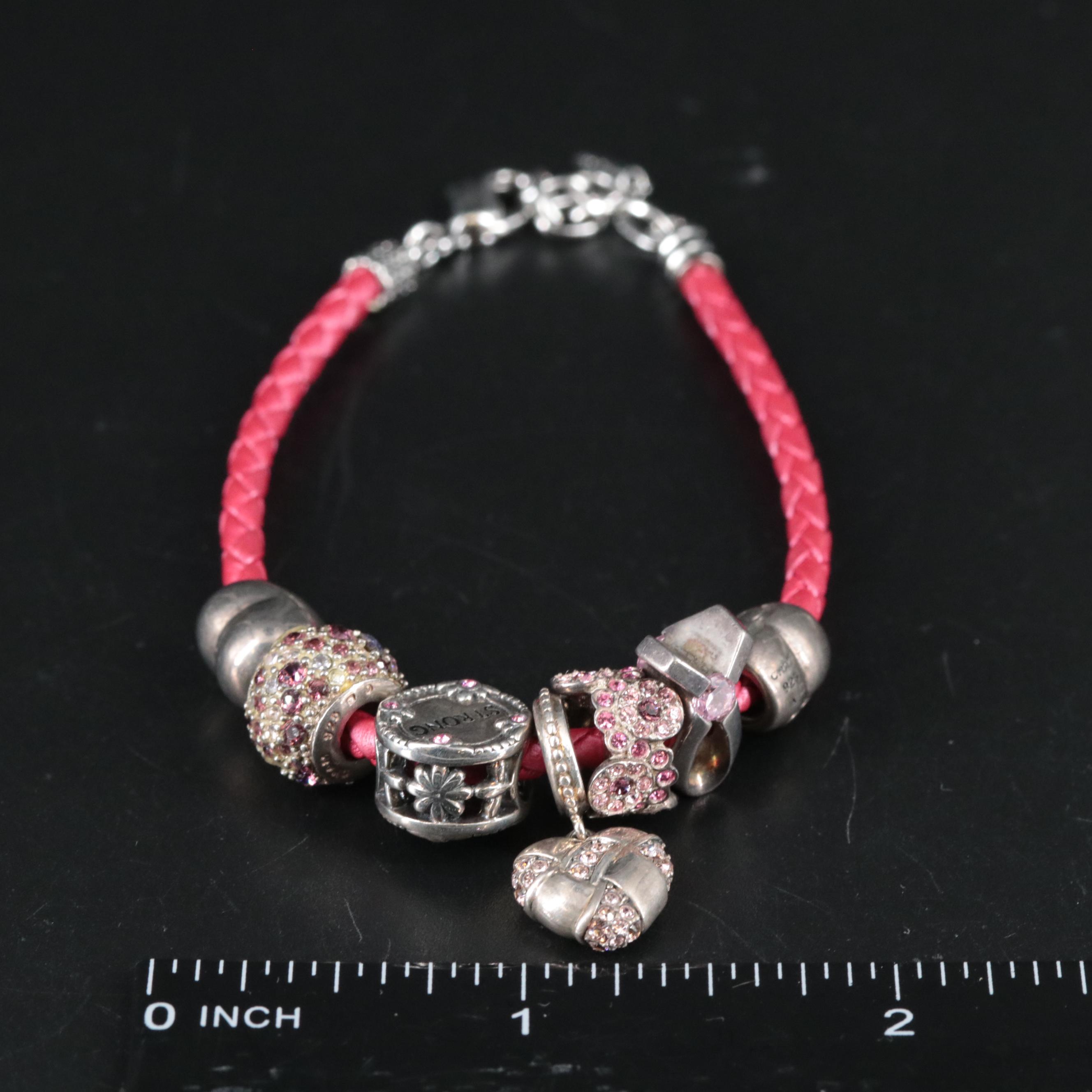 Leather Braided Bracelet Featuring Sterling Breast Cancer Awareness Charms