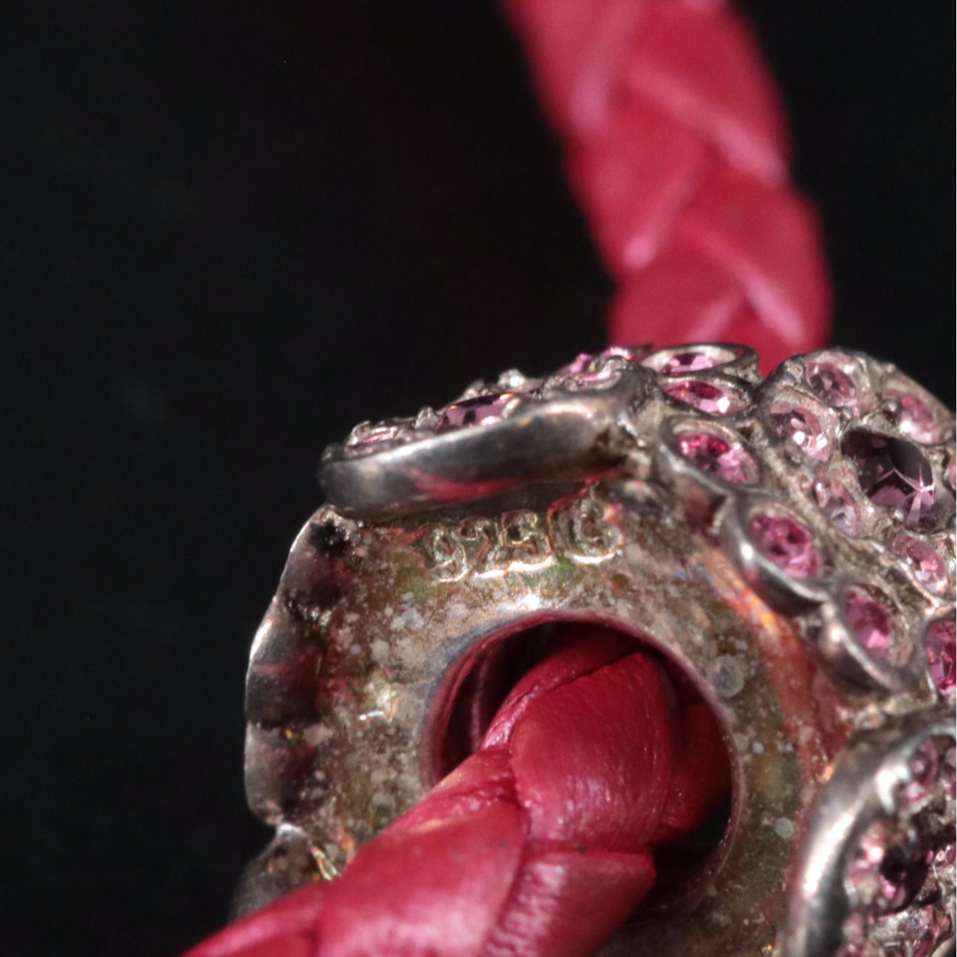 Leather Braided Bracelet Featuring Sterling Breast Cancer Awareness Charms