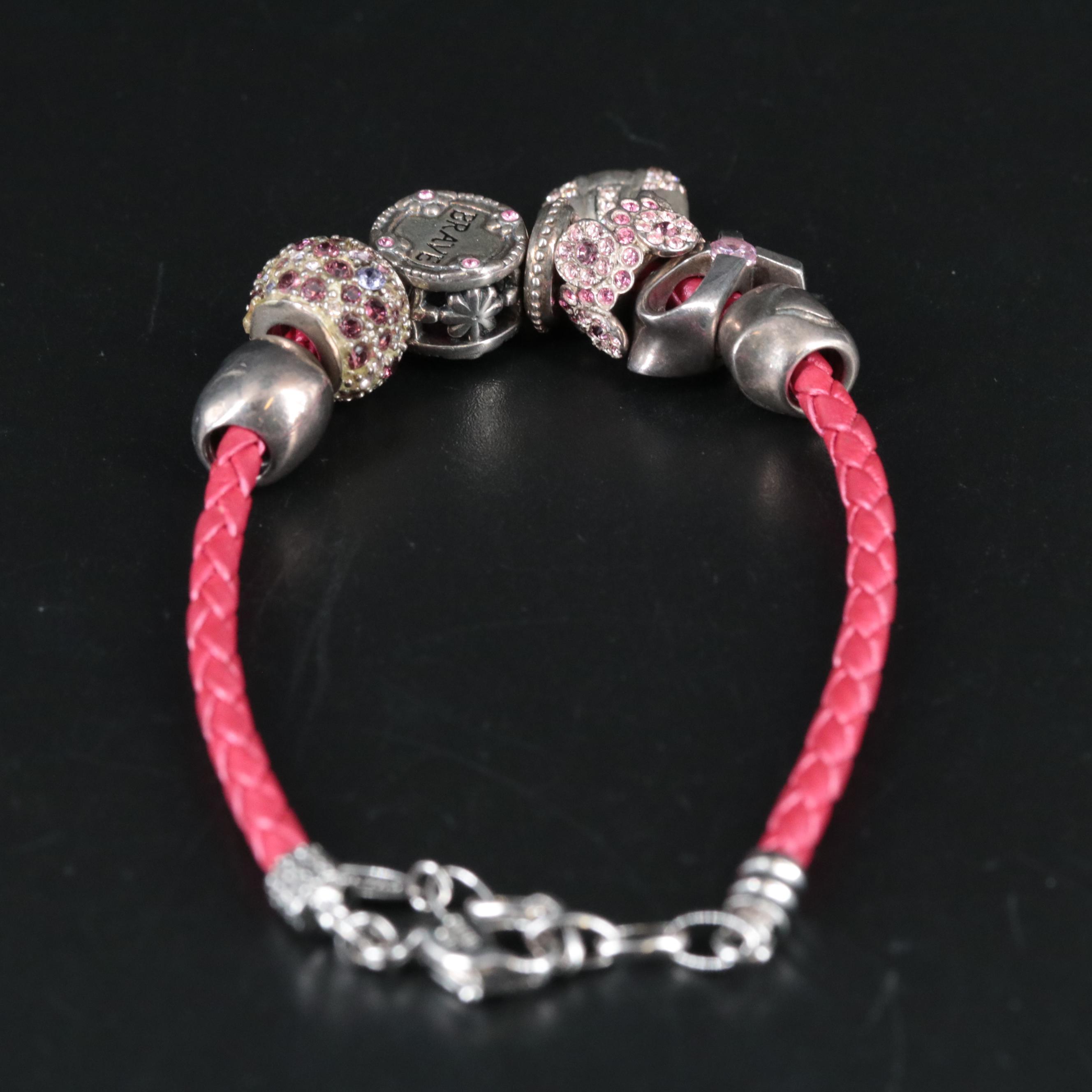 Leather Braided Bracelet Featuring Sterling Breast Cancer Awareness Charms