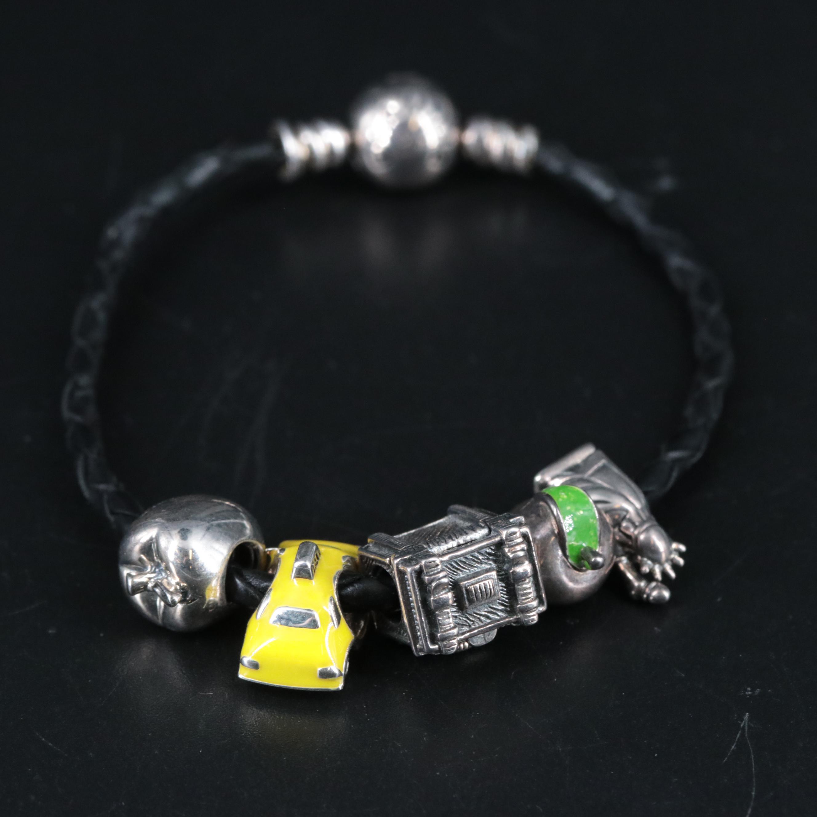 Leather Band Bracelet Featuring Sterling New York City Themed Charms