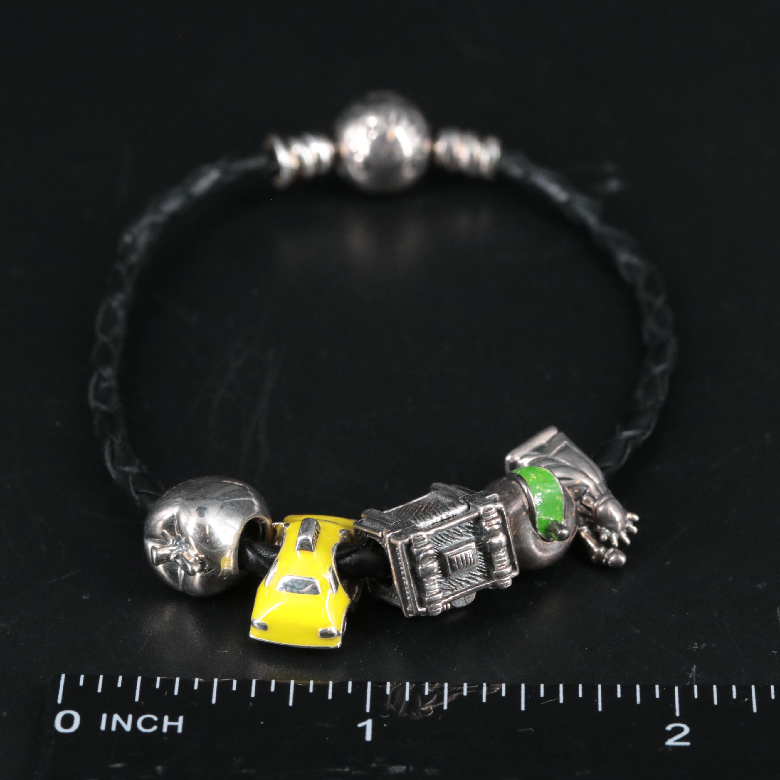 Leather Band Bracelet Featuring Sterling New York City Themed Charms