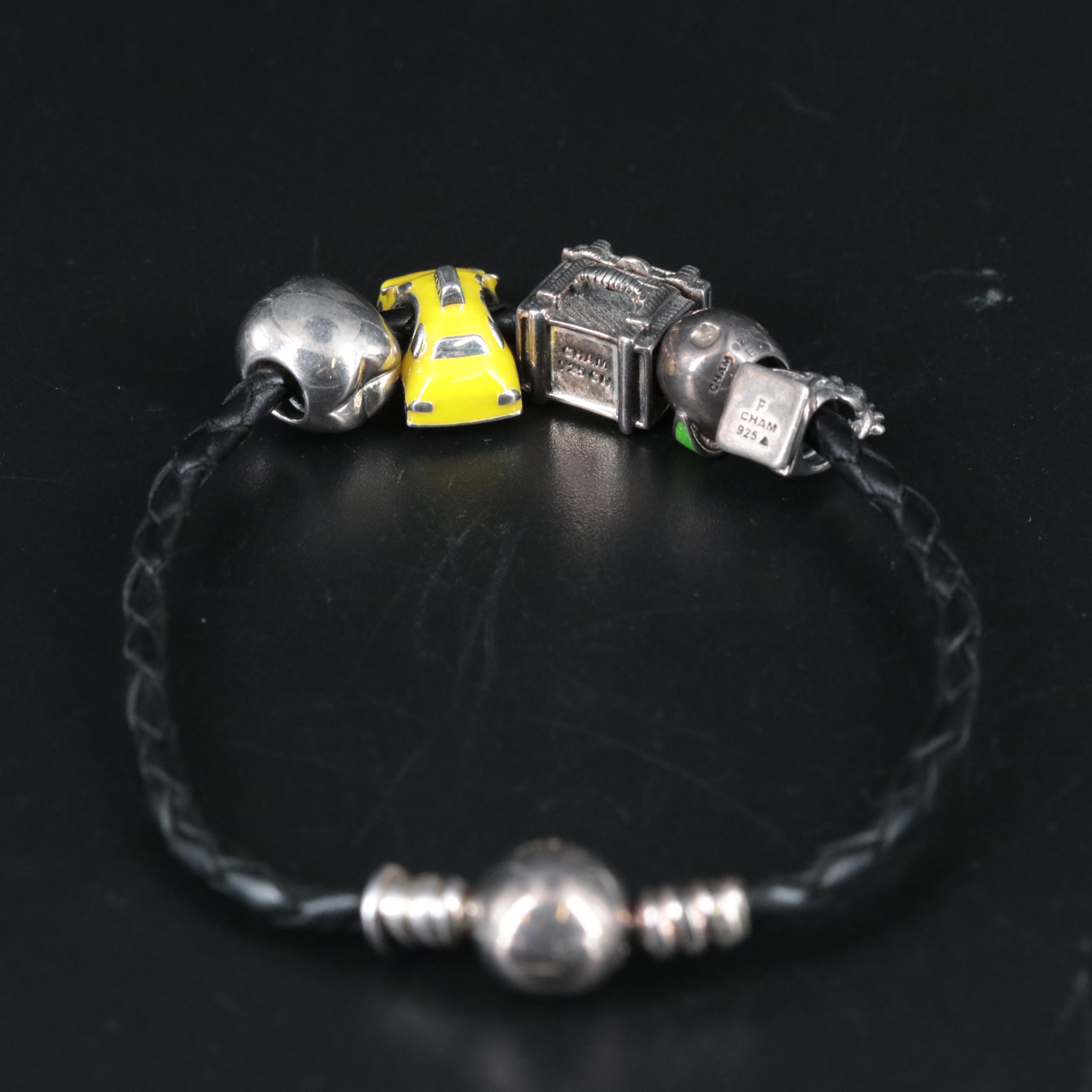 Leather Band Bracelet Featuring Sterling New York City Themed Charms