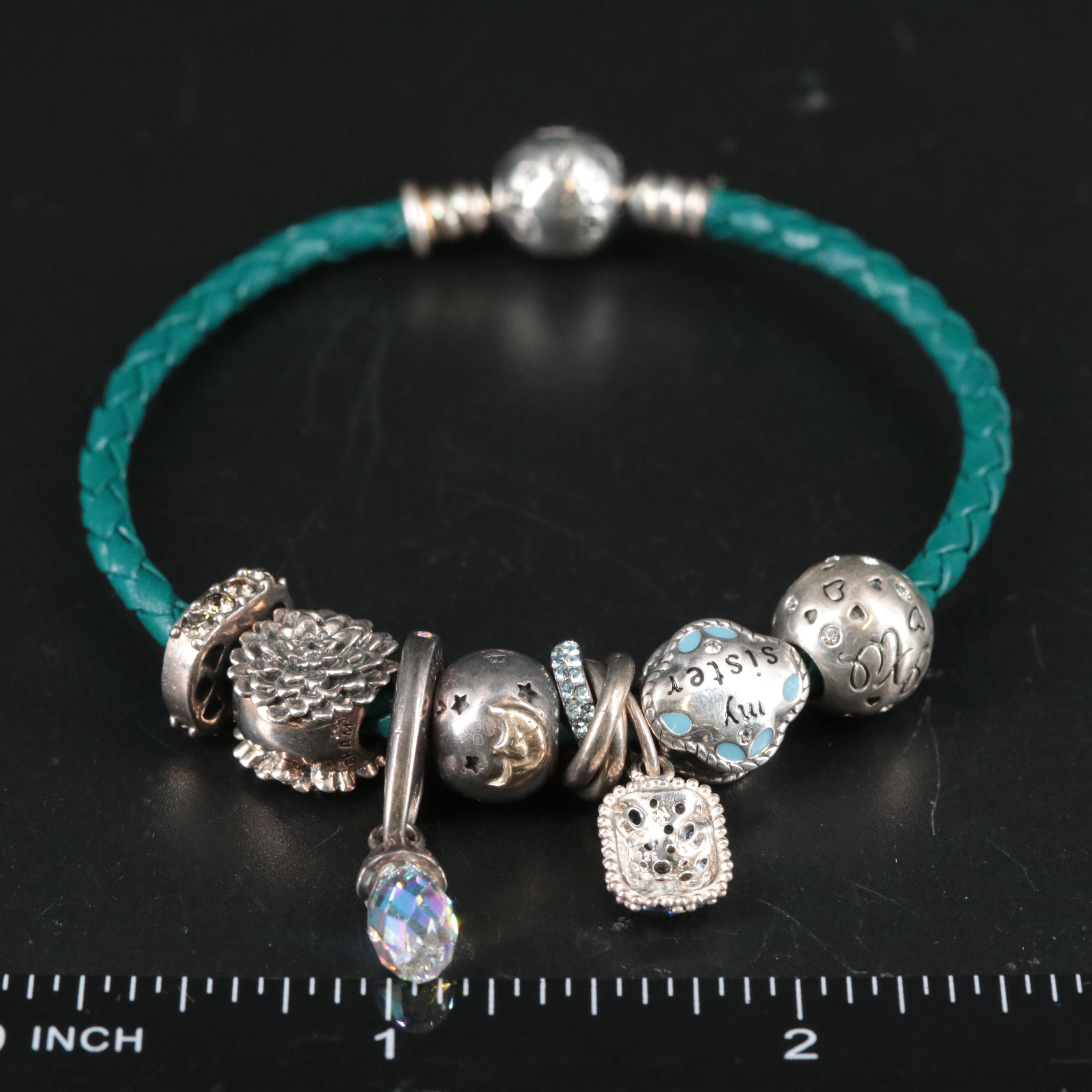 Leather Braided Band Featuring Sterling "My Sister" and Other Charms