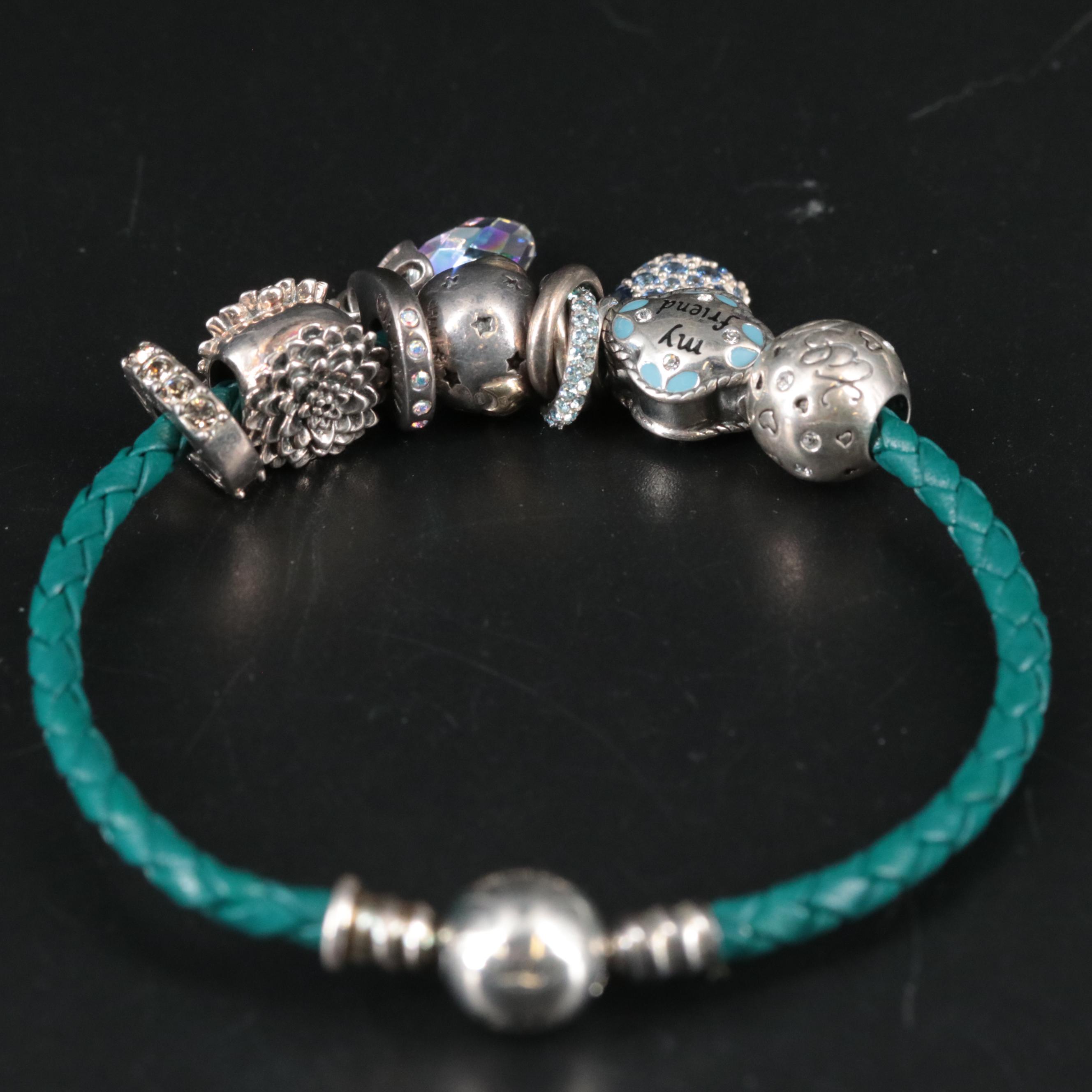 Leather Braided Band Featuring Sterling "My Sister" and Other Charms