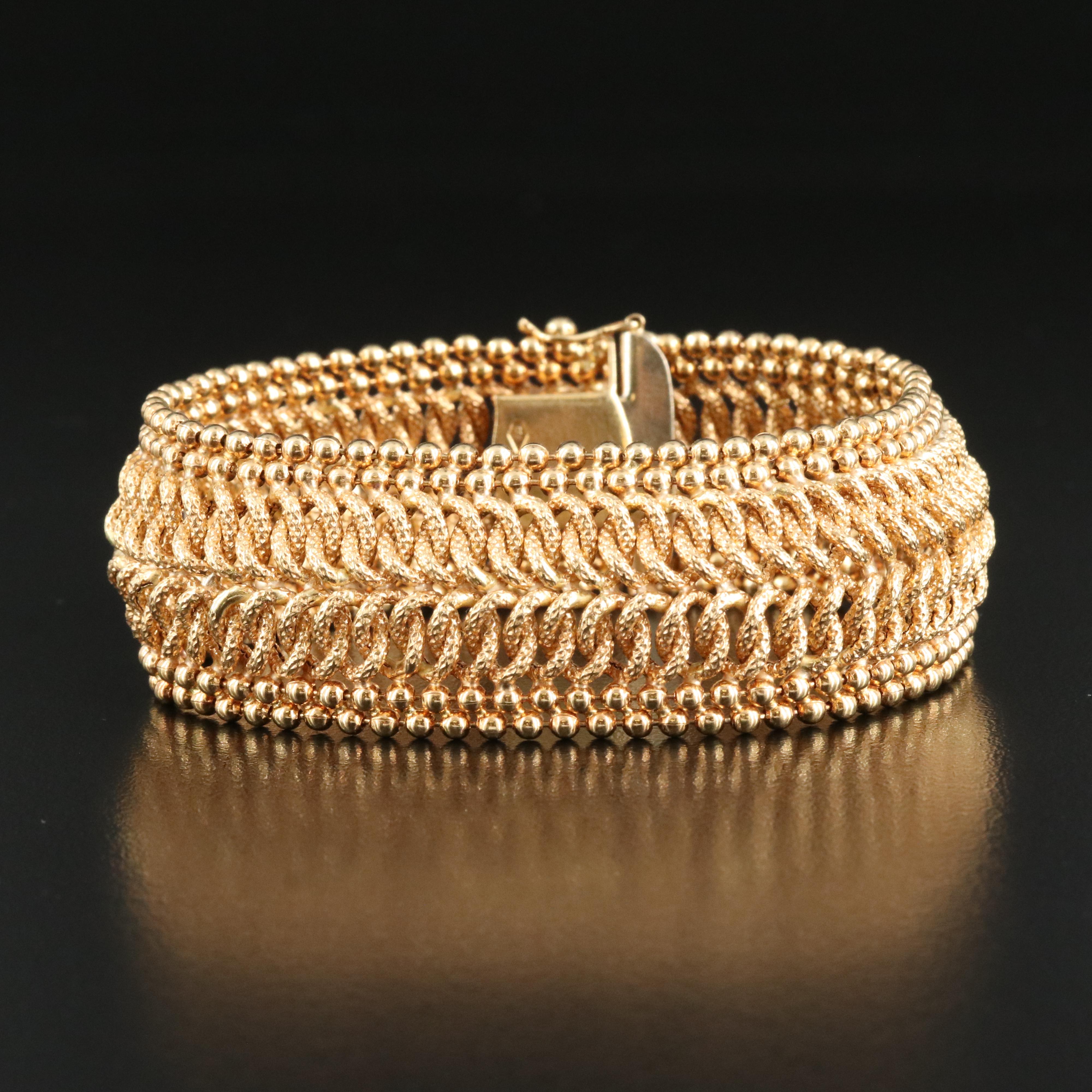 Italian 18K Wide Fancy Double Curb and Ball Bead Bracelet