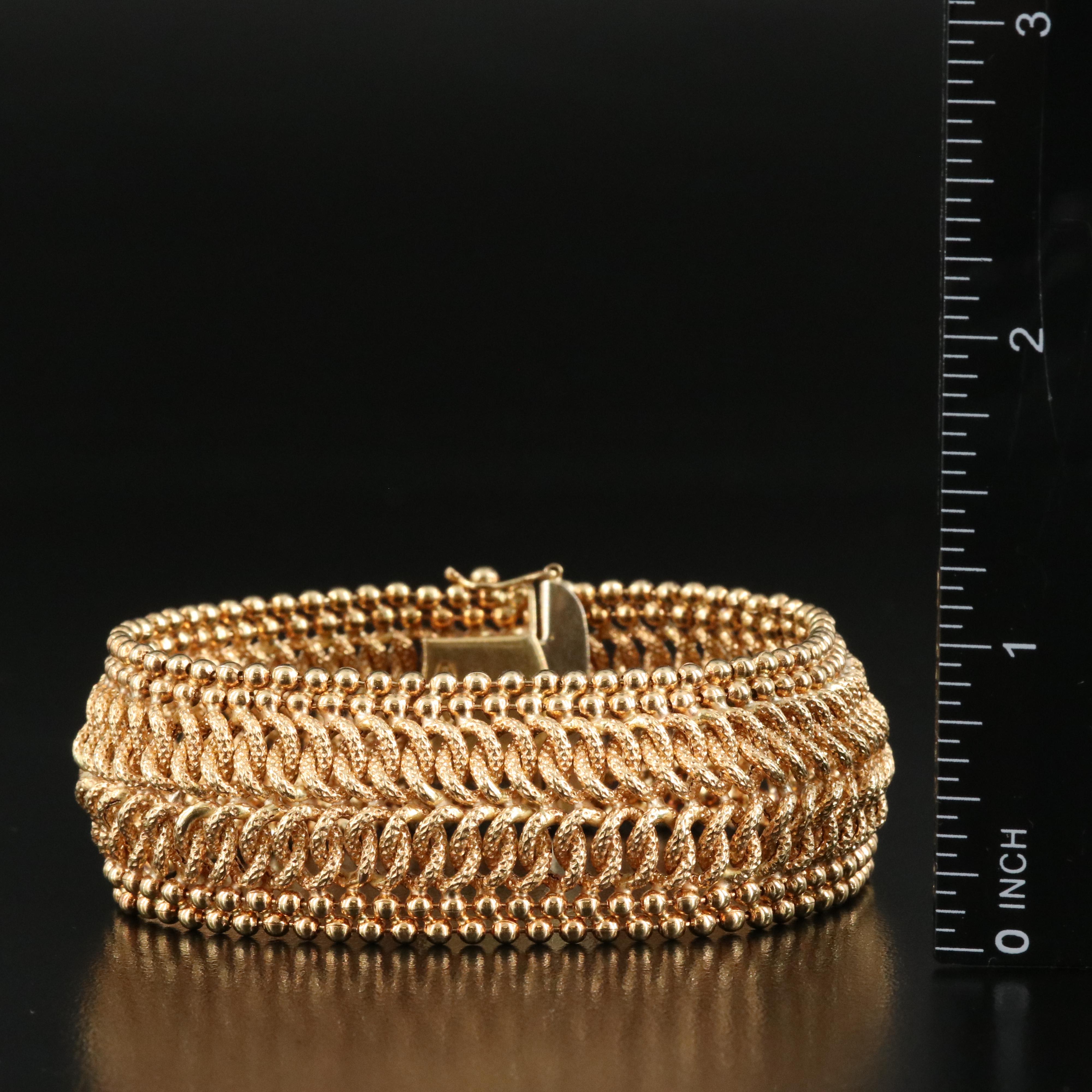 Italian 18K Wide Fancy Double Curb and Ball Bead Bracelet