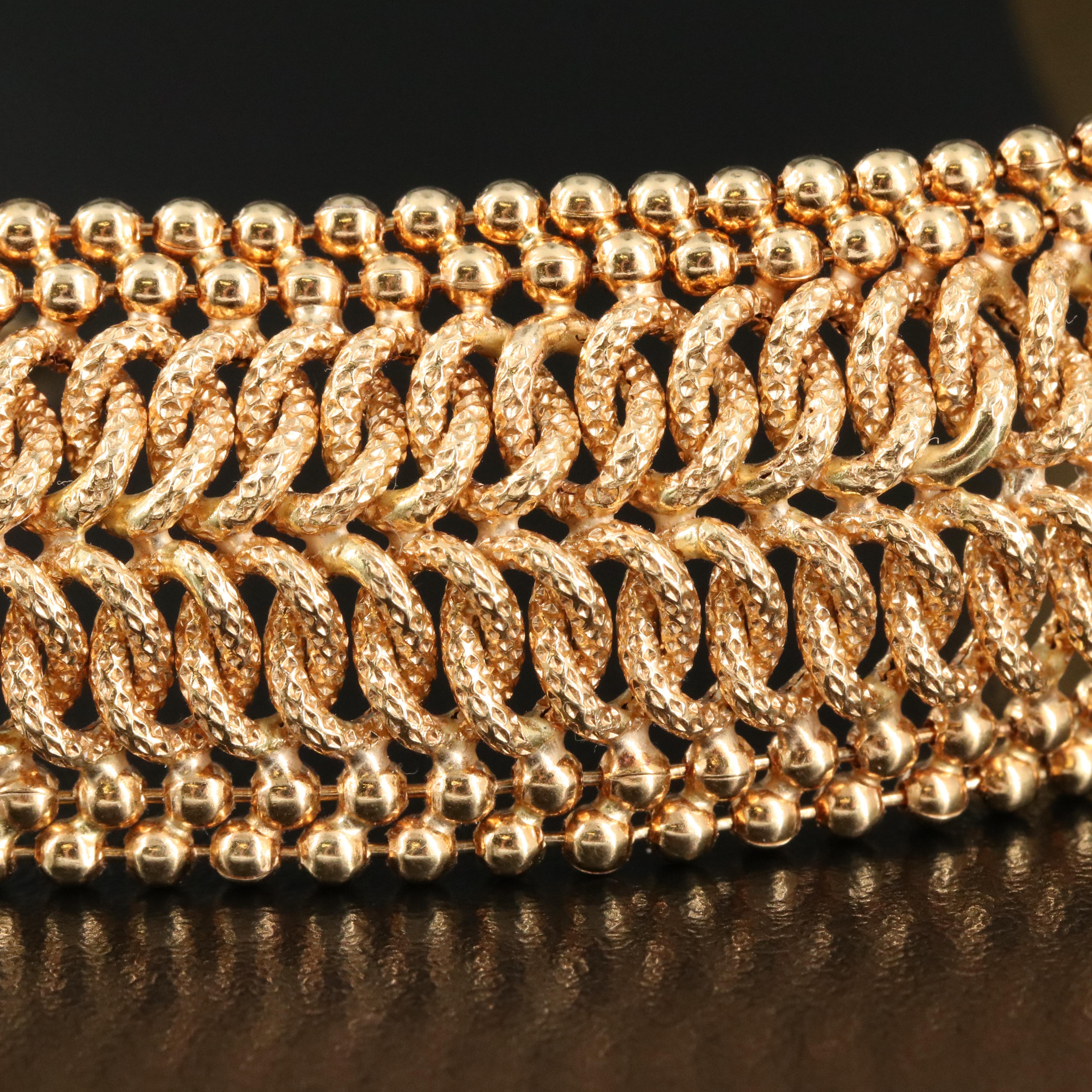 Italian 18K Wide Fancy Double Curb and Ball Bead Bracelet