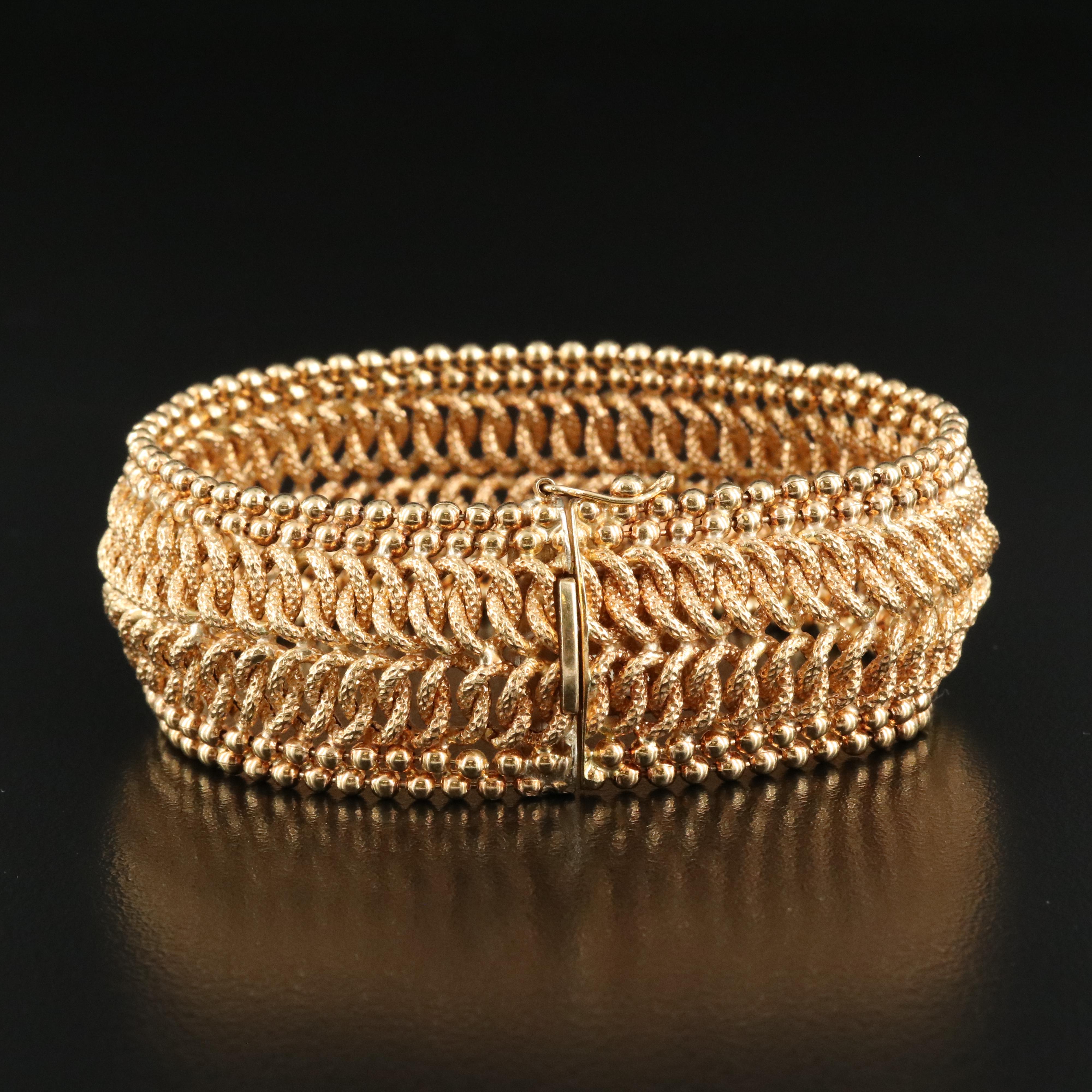 Italian 18K Wide Fancy Double Curb and Ball Bead Bracelet