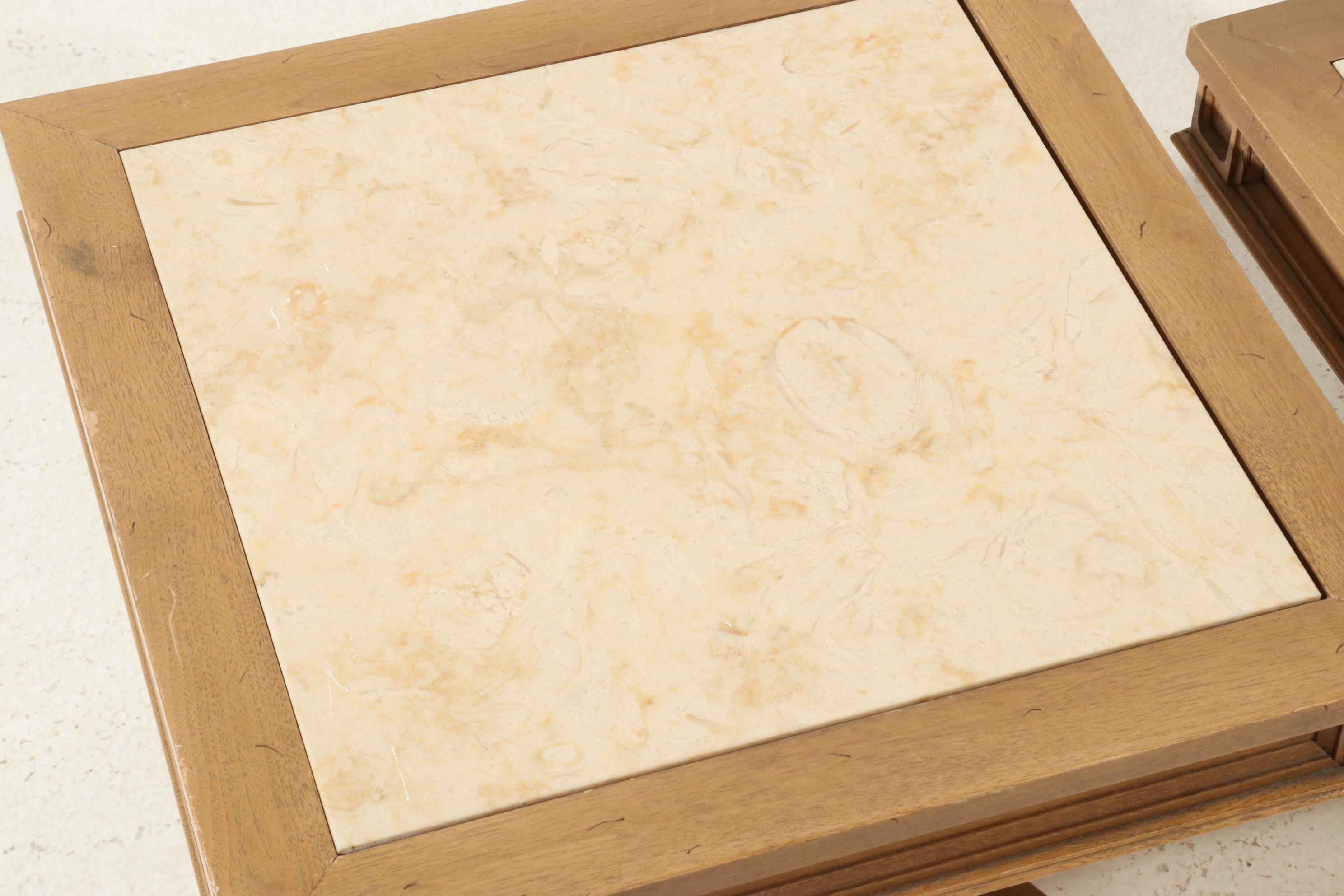 Pair of Walnut Side Tables with Travertine Tops, Late 20th Century