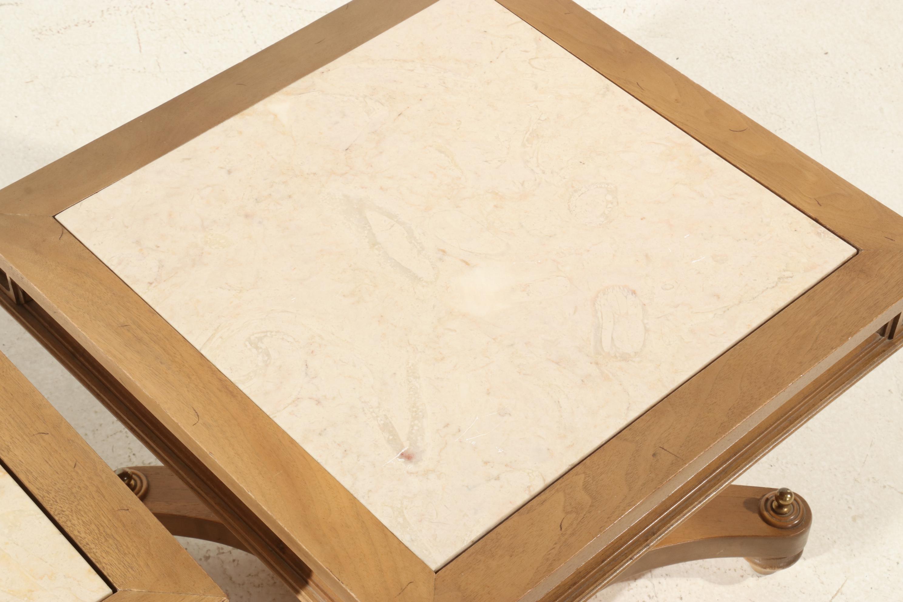 Pair of Walnut Side Tables with Travertine Tops, Late 20th Century