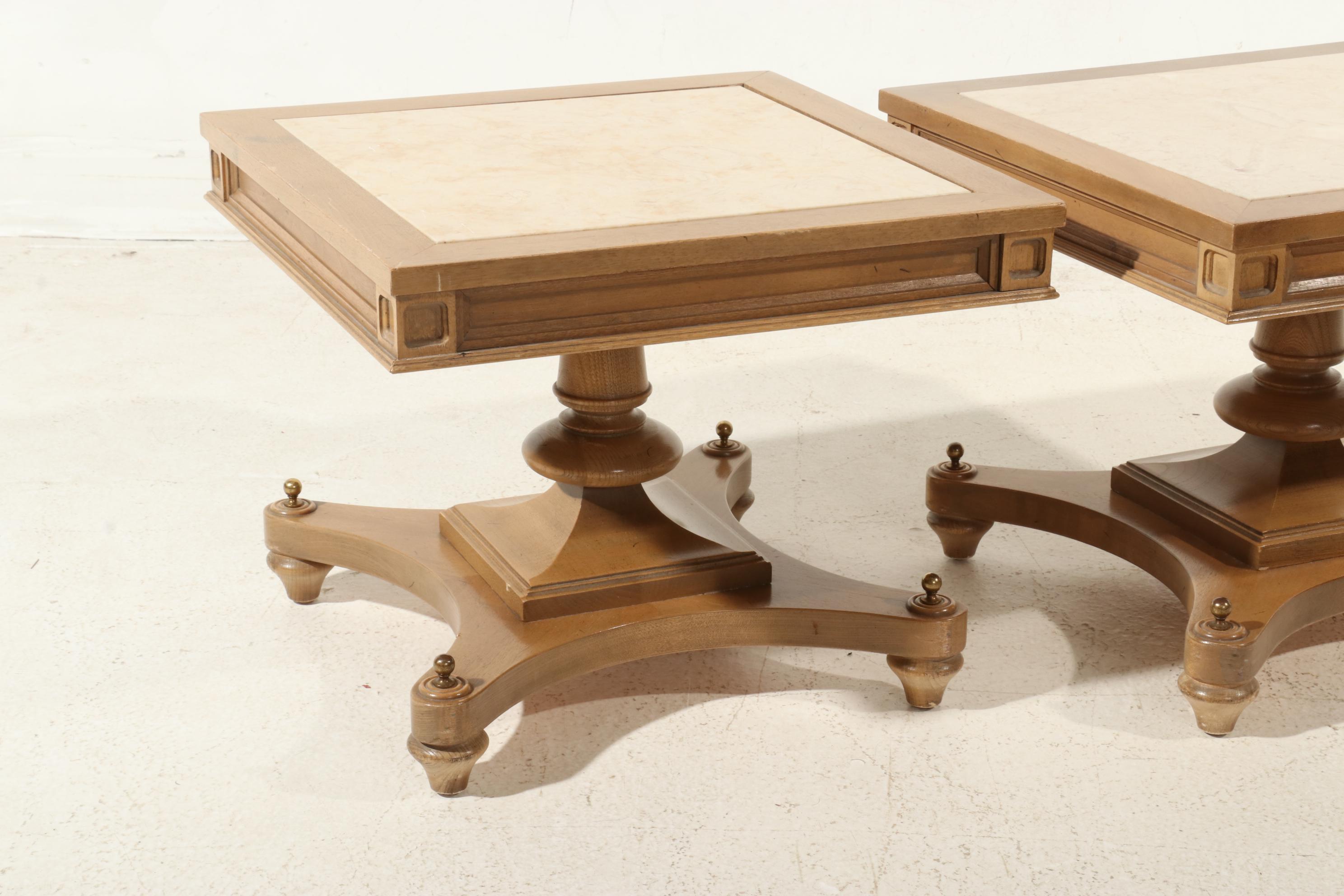 Pair of Walnut Side Tables with Travertine Tops, Late 20th Century