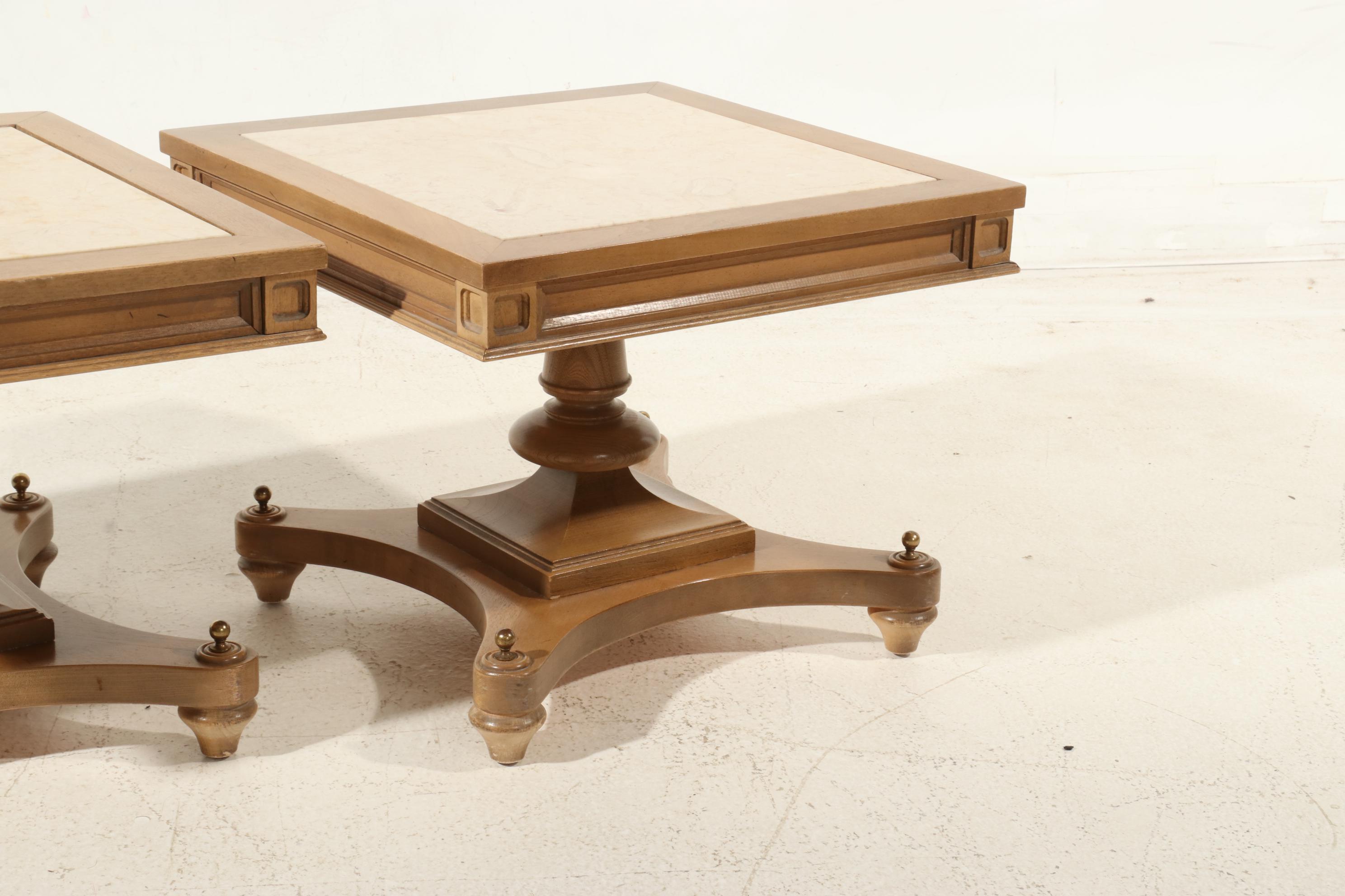Pair of Walnut Side Tables with Travertine Tops, Late 20th Century