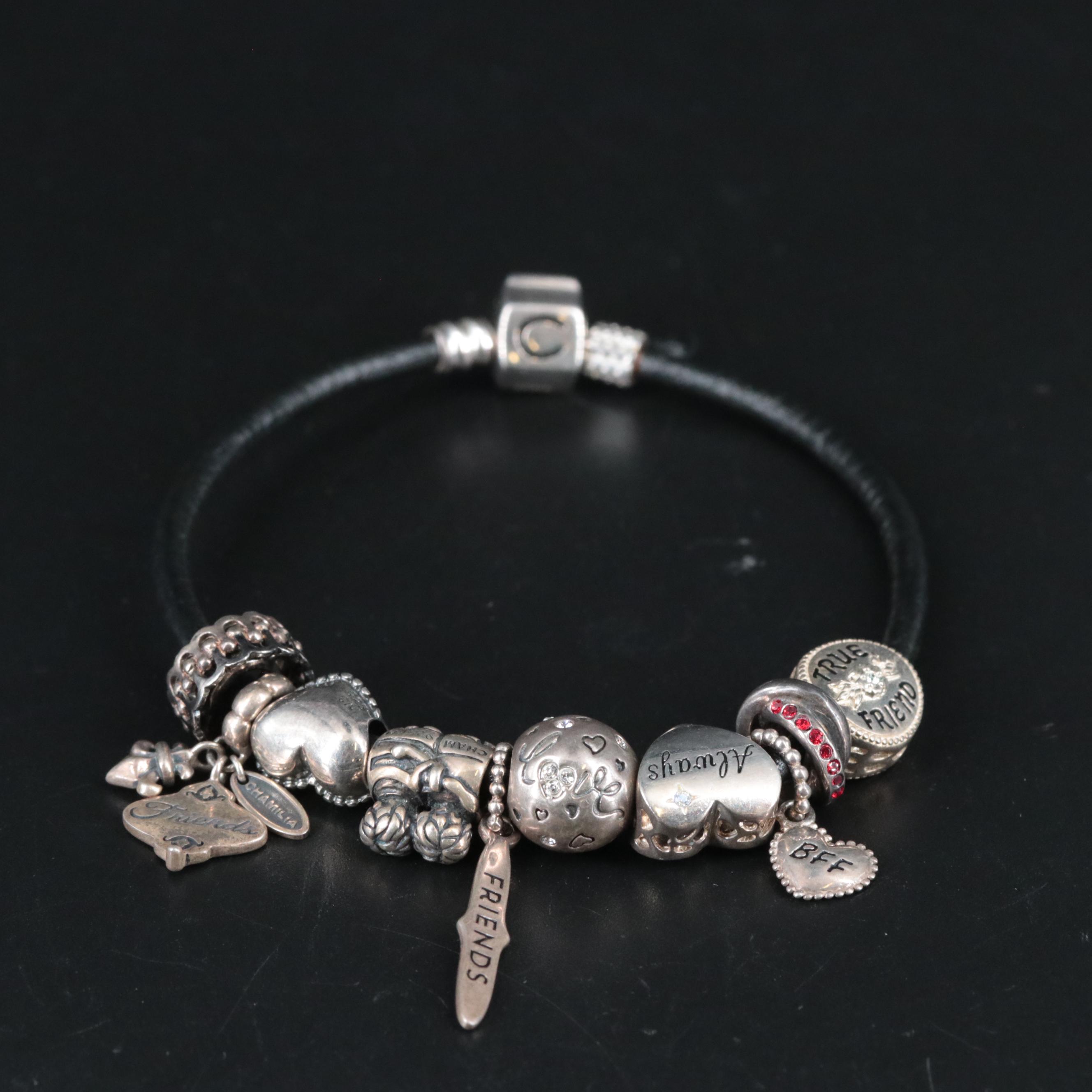 Leather Band Bracelet With Friendship Themed Sterling Charms
