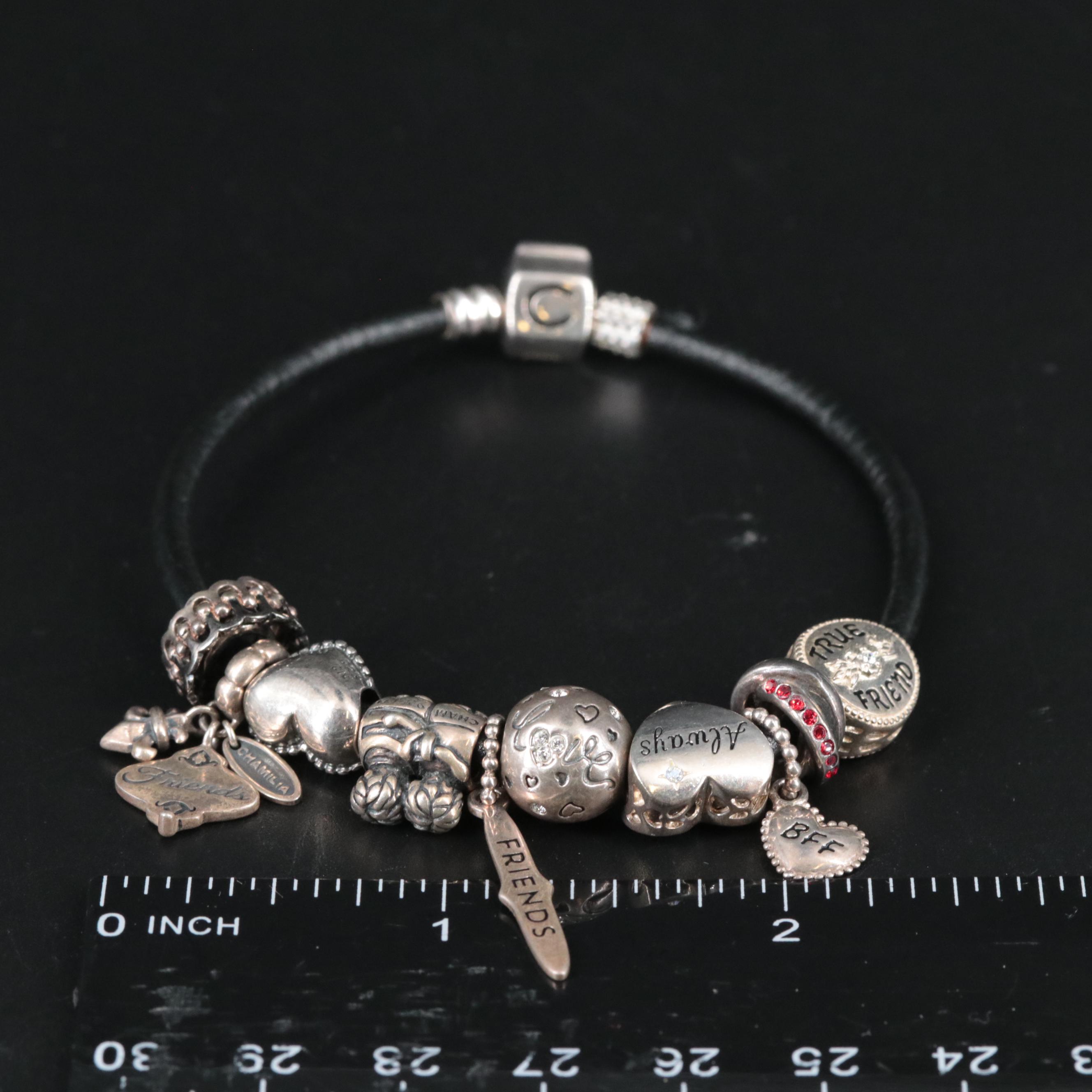 Leather Band Bracelet With Friendship Themed Sterling Charms