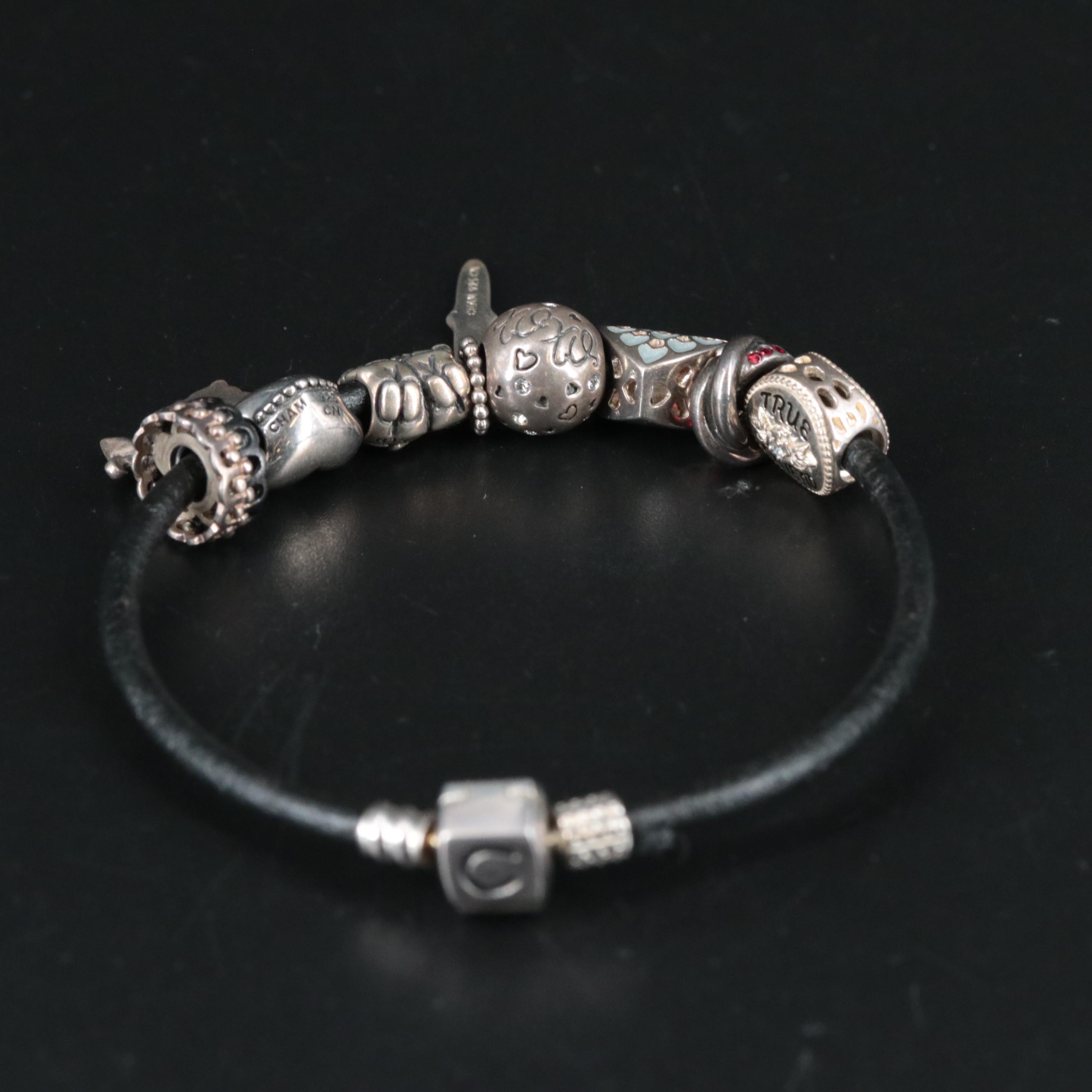 Leather Band Bracelet With Friendship Themed Sterling Charms
