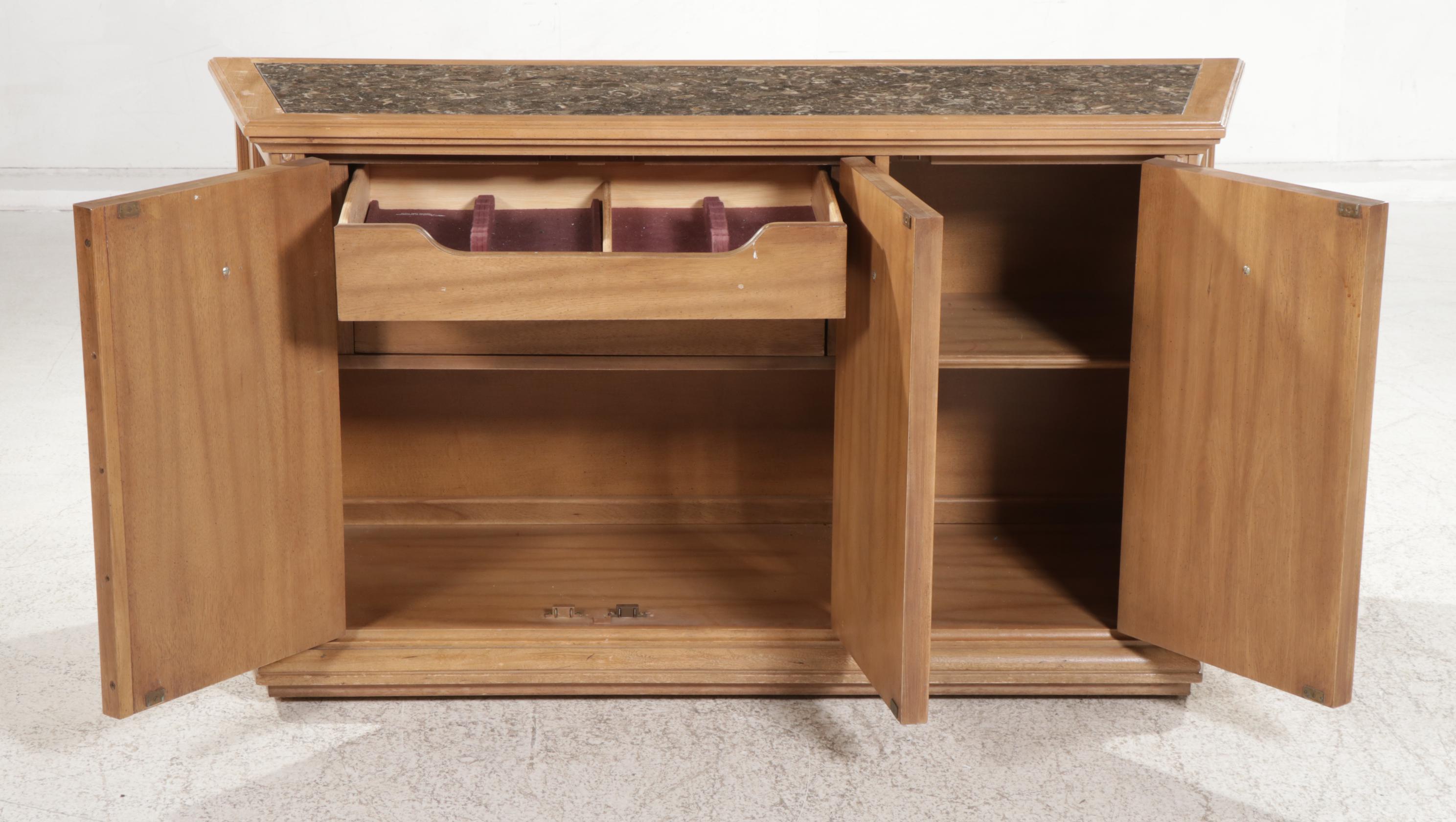 American of Martinsville Walnut Sideboard with Marble Top, Late 20th Century