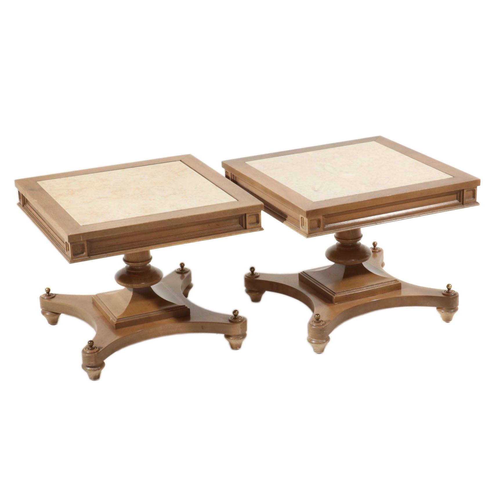 Pair of Walnut Side Tables with Travertine Tops, Late 20th Century