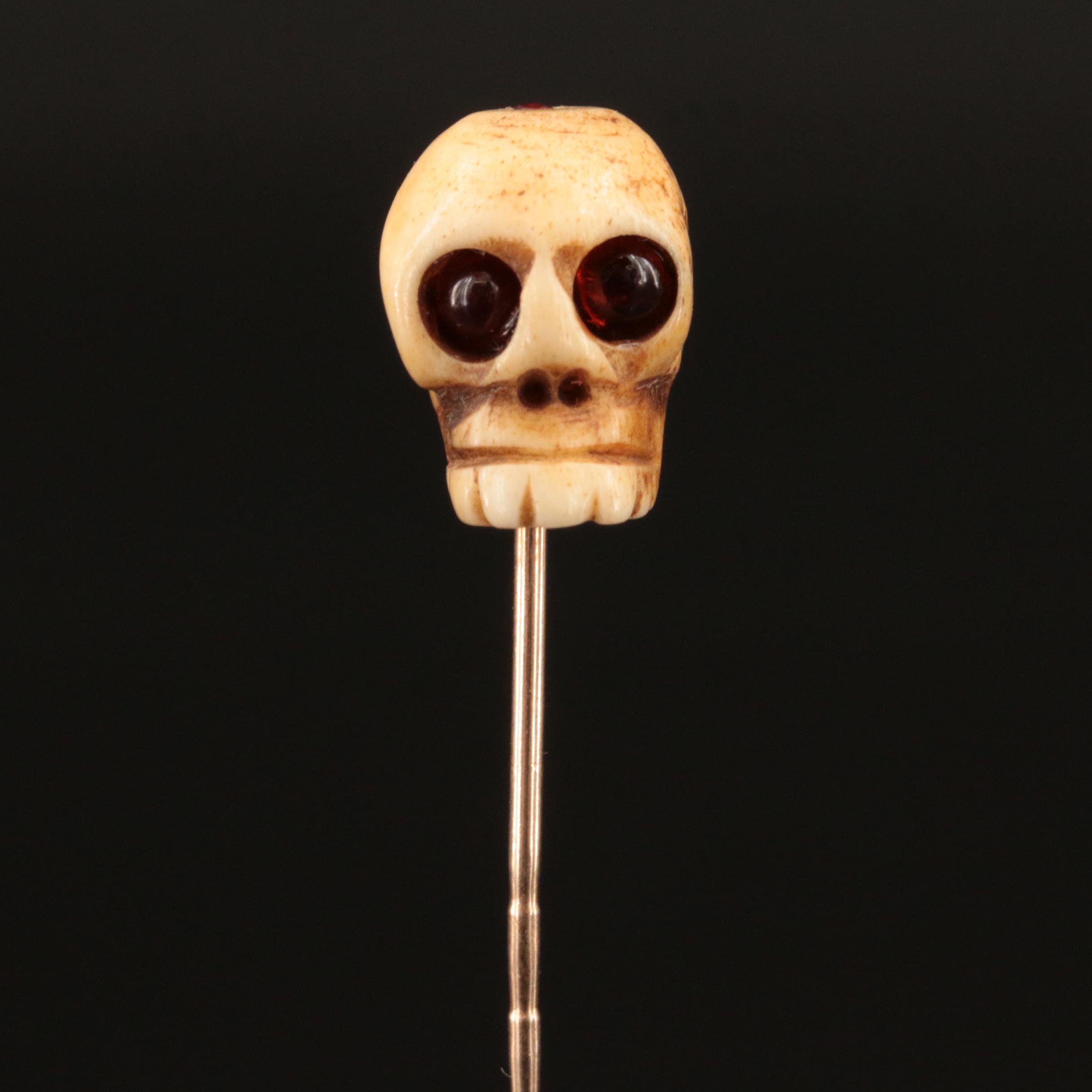 Vintage 10K Garnet and Bone Skull Stick Pin