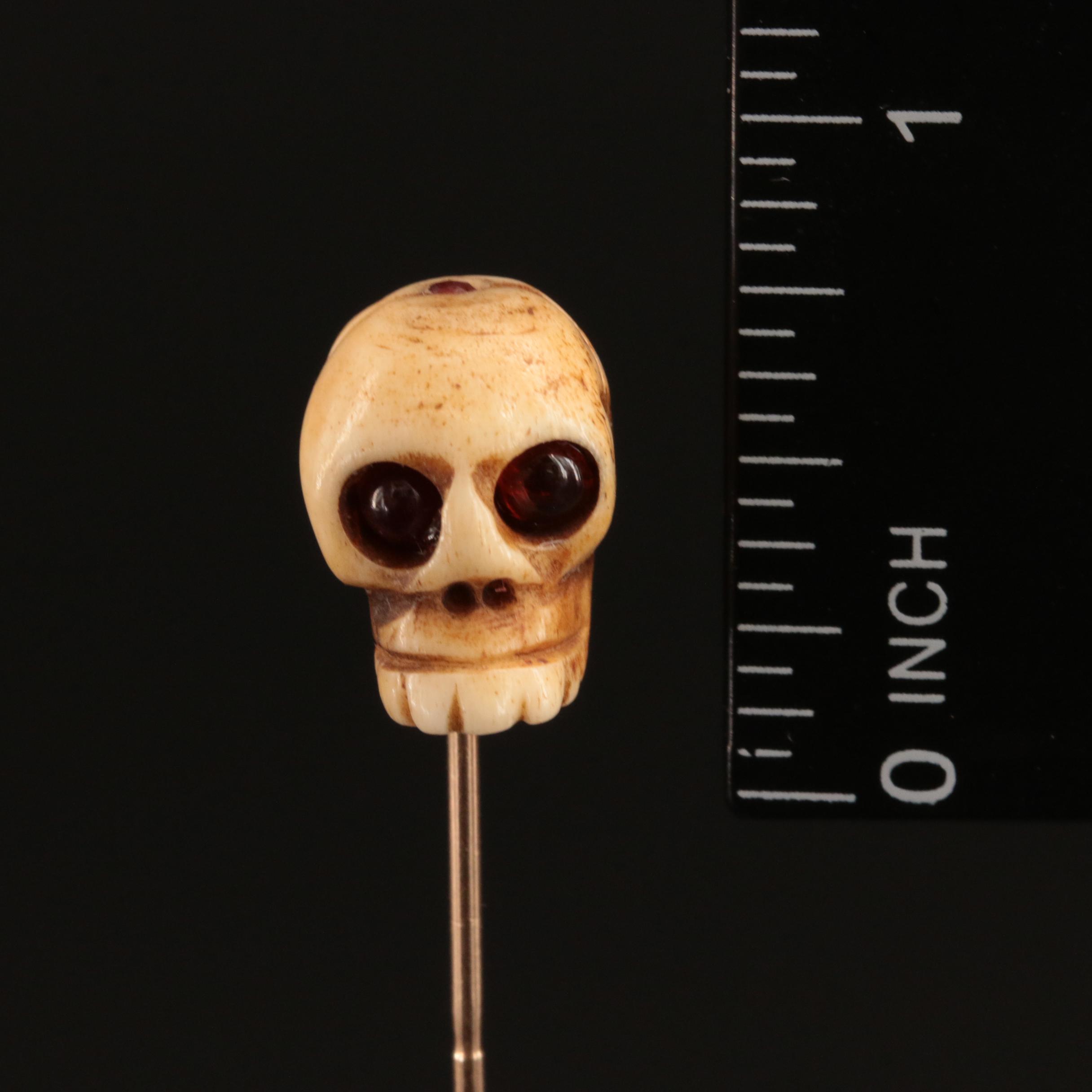 Vintage 10K Garnet and Bone Skull Stick Pin