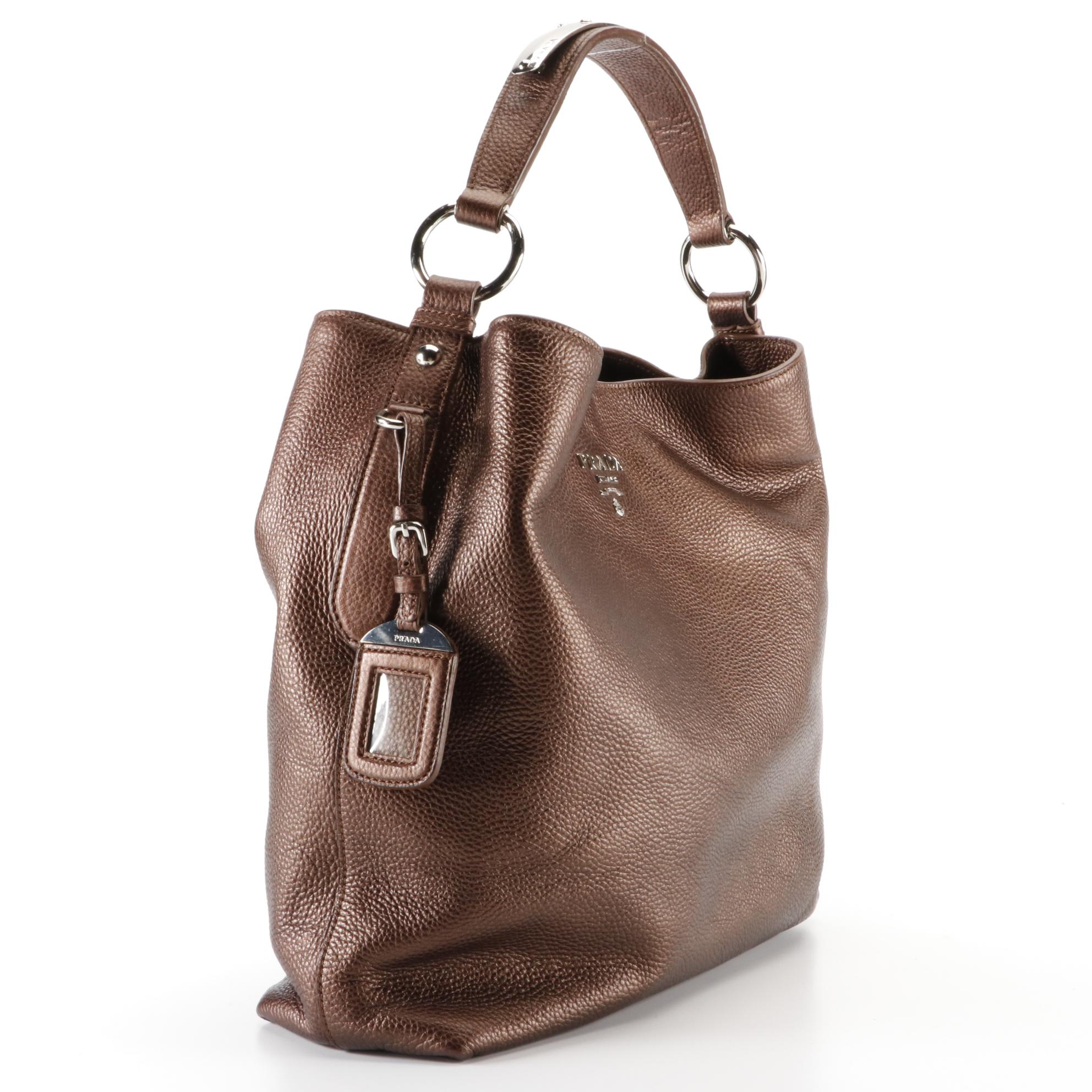Prada Hobo Shoulder Bag in Metallic Finish Vitello Daino Leather